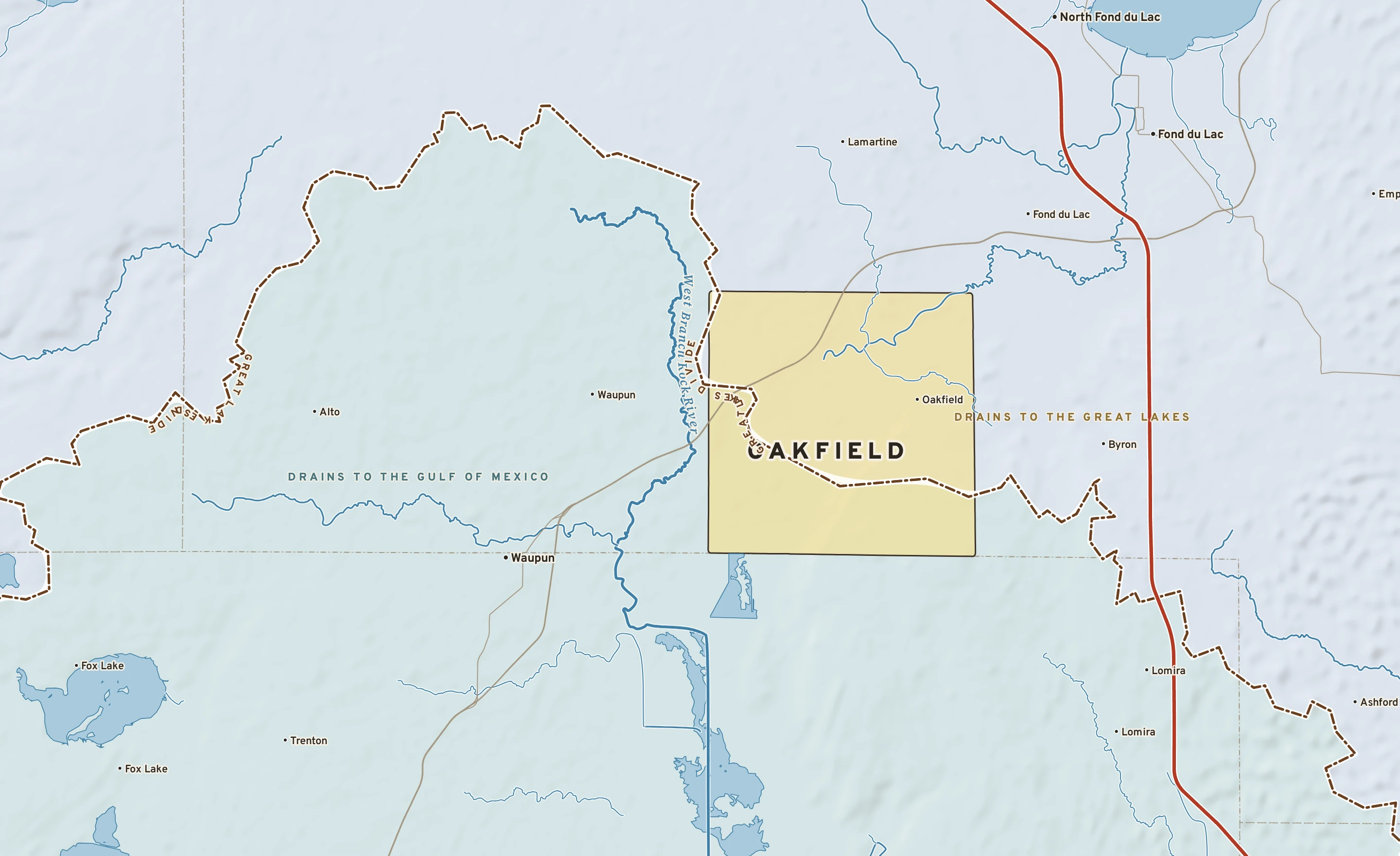 Shaded-relief atlas plate of Oakfield, Wisconsin: rivers, roads, the city limits and where the water drains.
