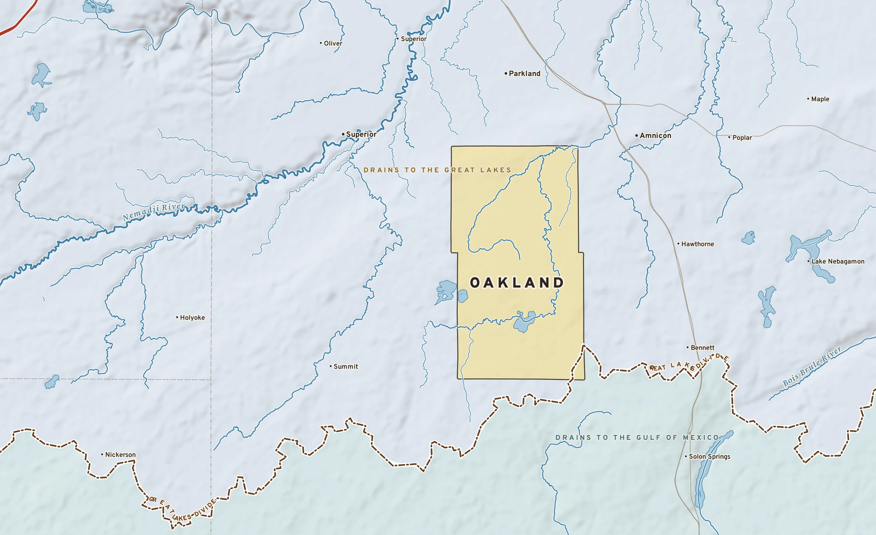 Shaded-relief atlas plate of Oakland, Wisconsin: rivers, roads, the city limits and where the water drains.