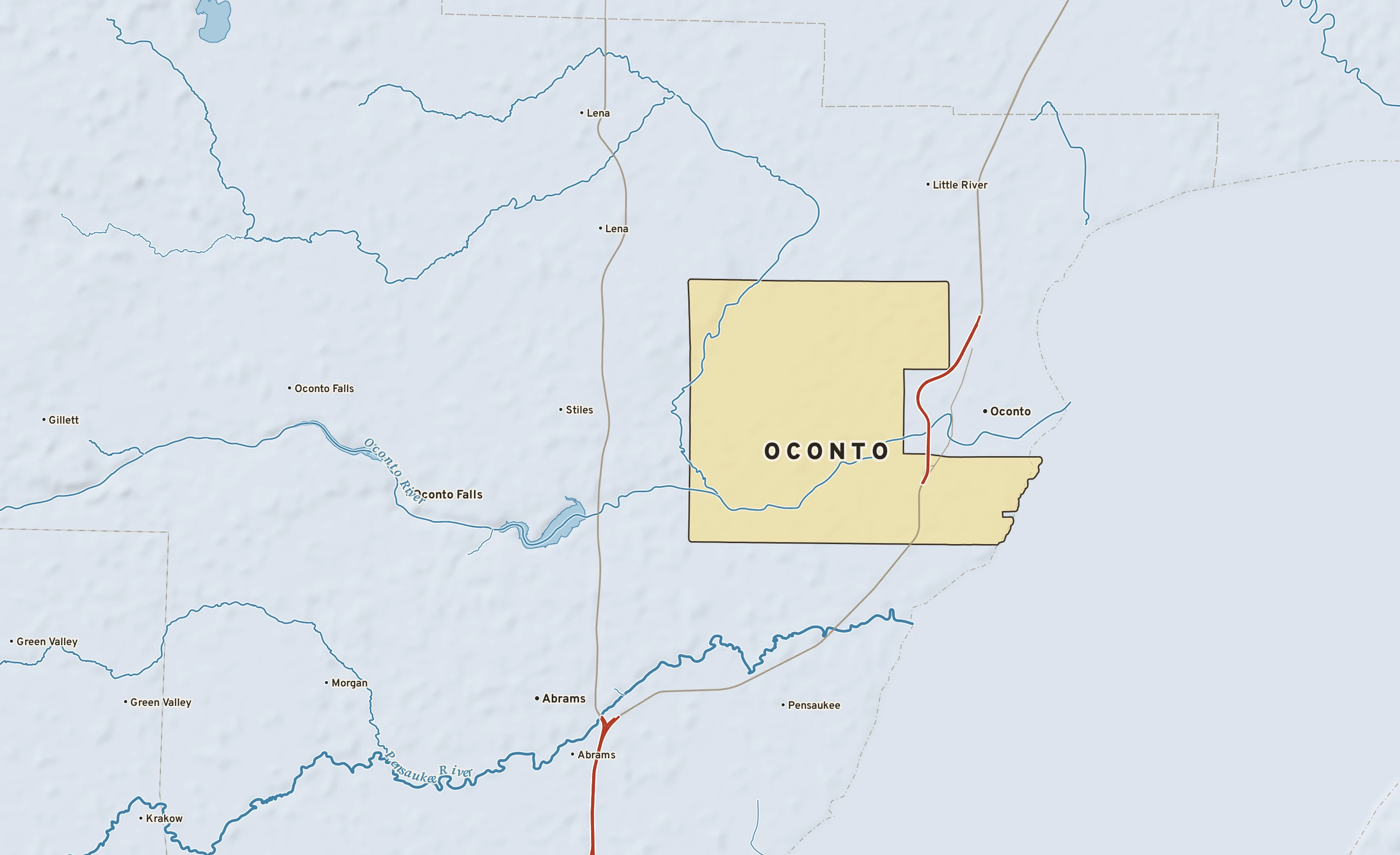 Shaded-relief atlas plate of Oconto, Wisconsin: rivers, roads, the city limits and where the water drains.