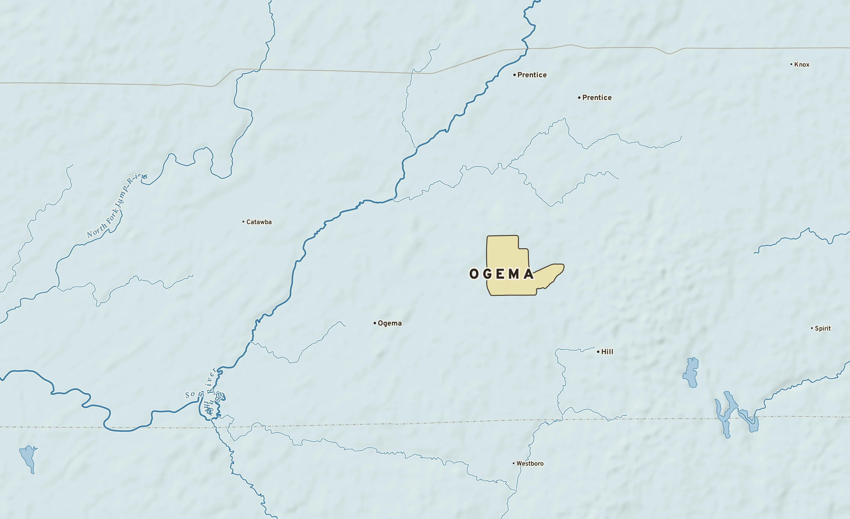 Shaded-relief atlas plate of Ogema, Wisconsin: rivers, roads, the city limits and where the water drains.