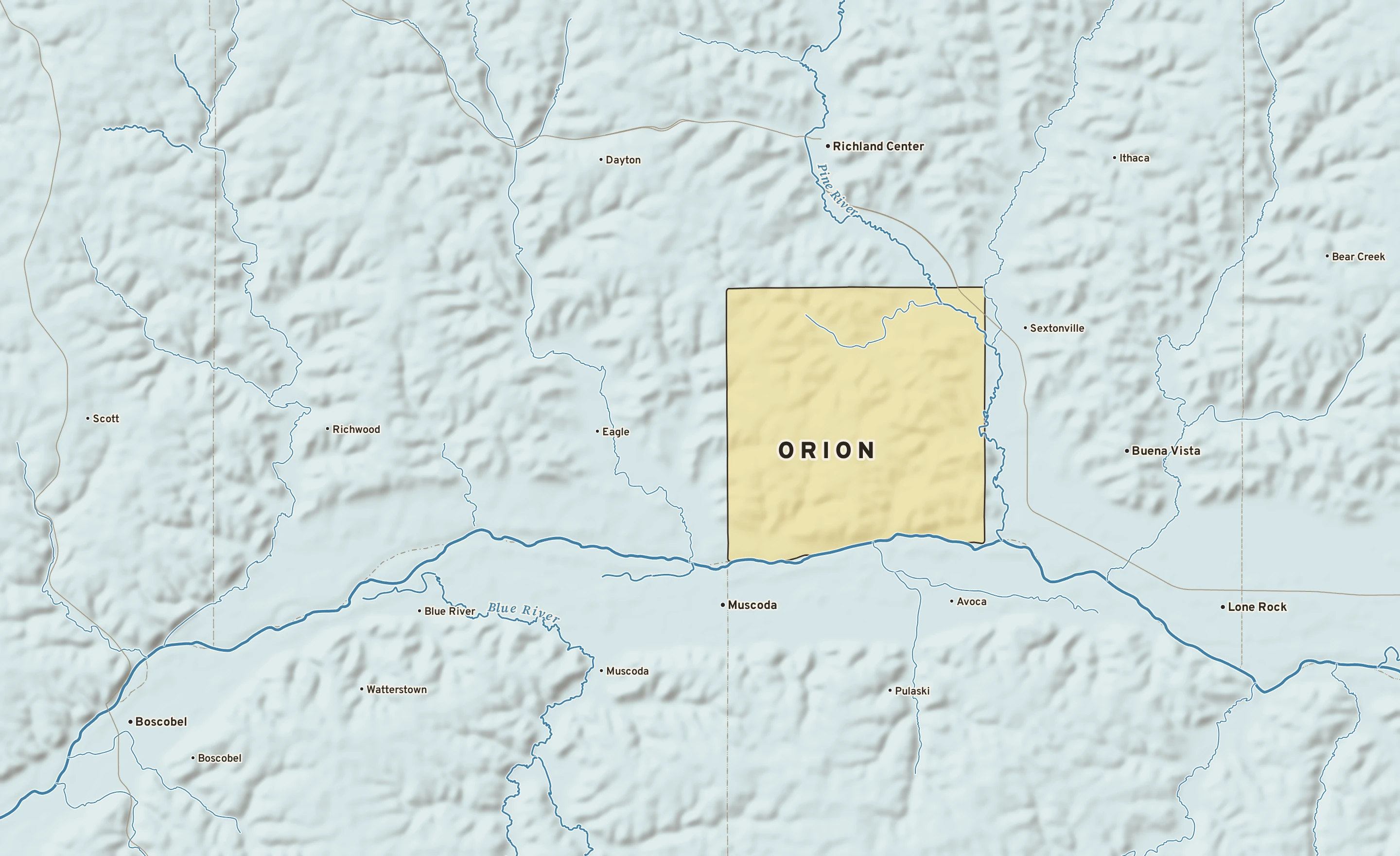 Shaded-relief atlas plate of Orion, Wisconsin: rivers, roads, the city limits and where the water drains.