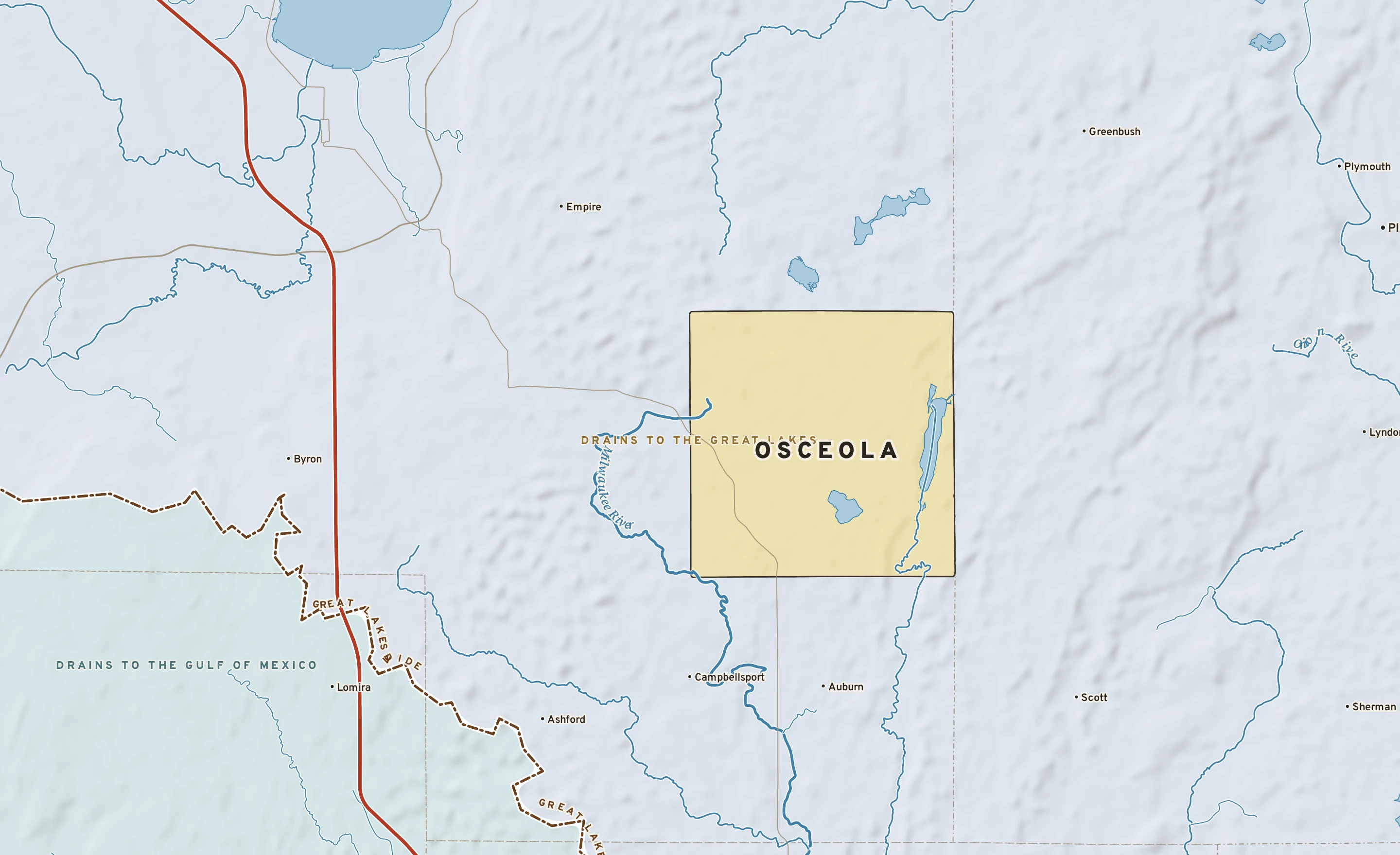 Shaded-relief atlas plate of Osceola, Wisconsin: rivers, roads, the city limits and where the water drains.