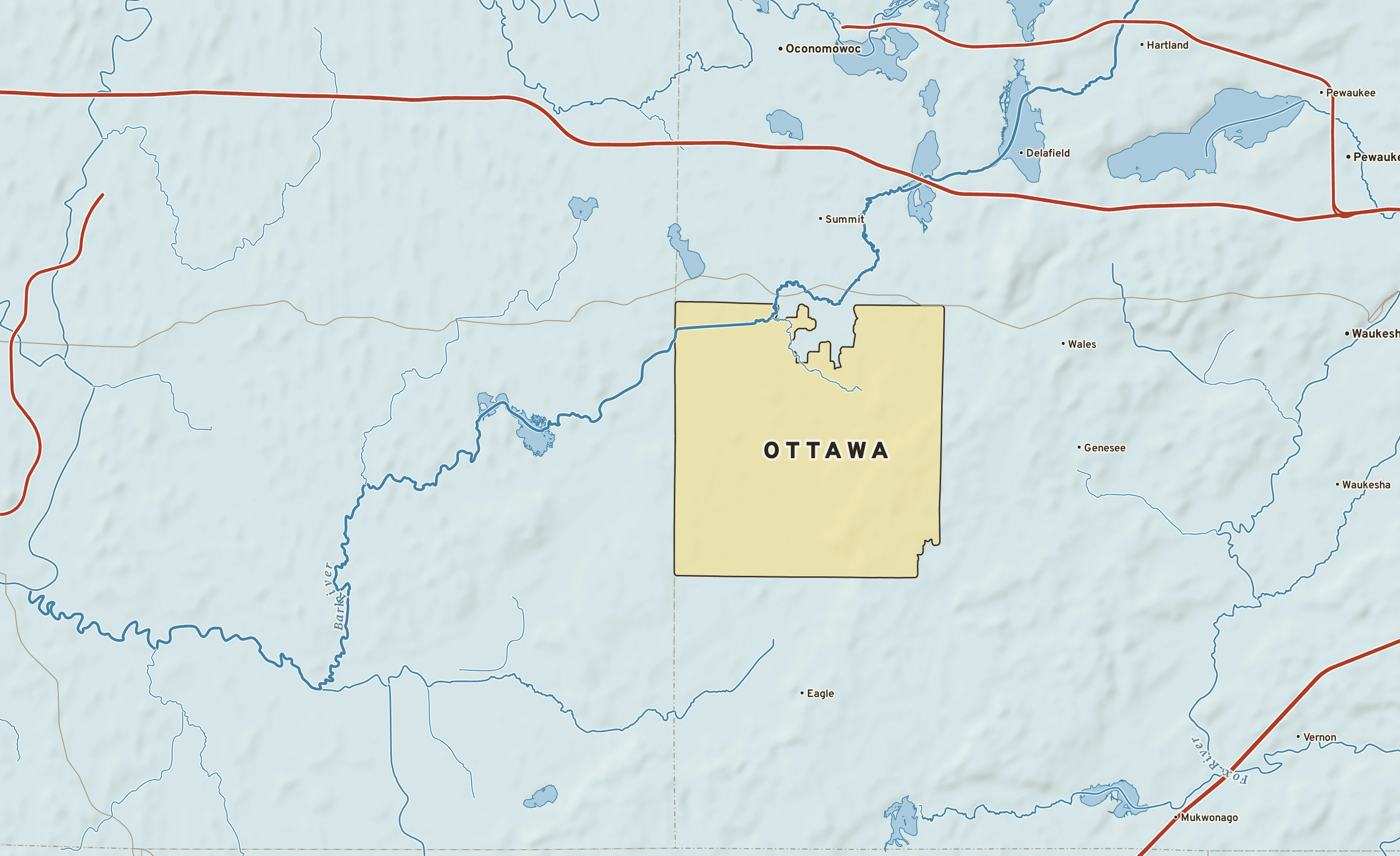 Shaded-relief atlas plate of Ottawa, Wisconsin: rivers, roads, the city limits and where the water drains.