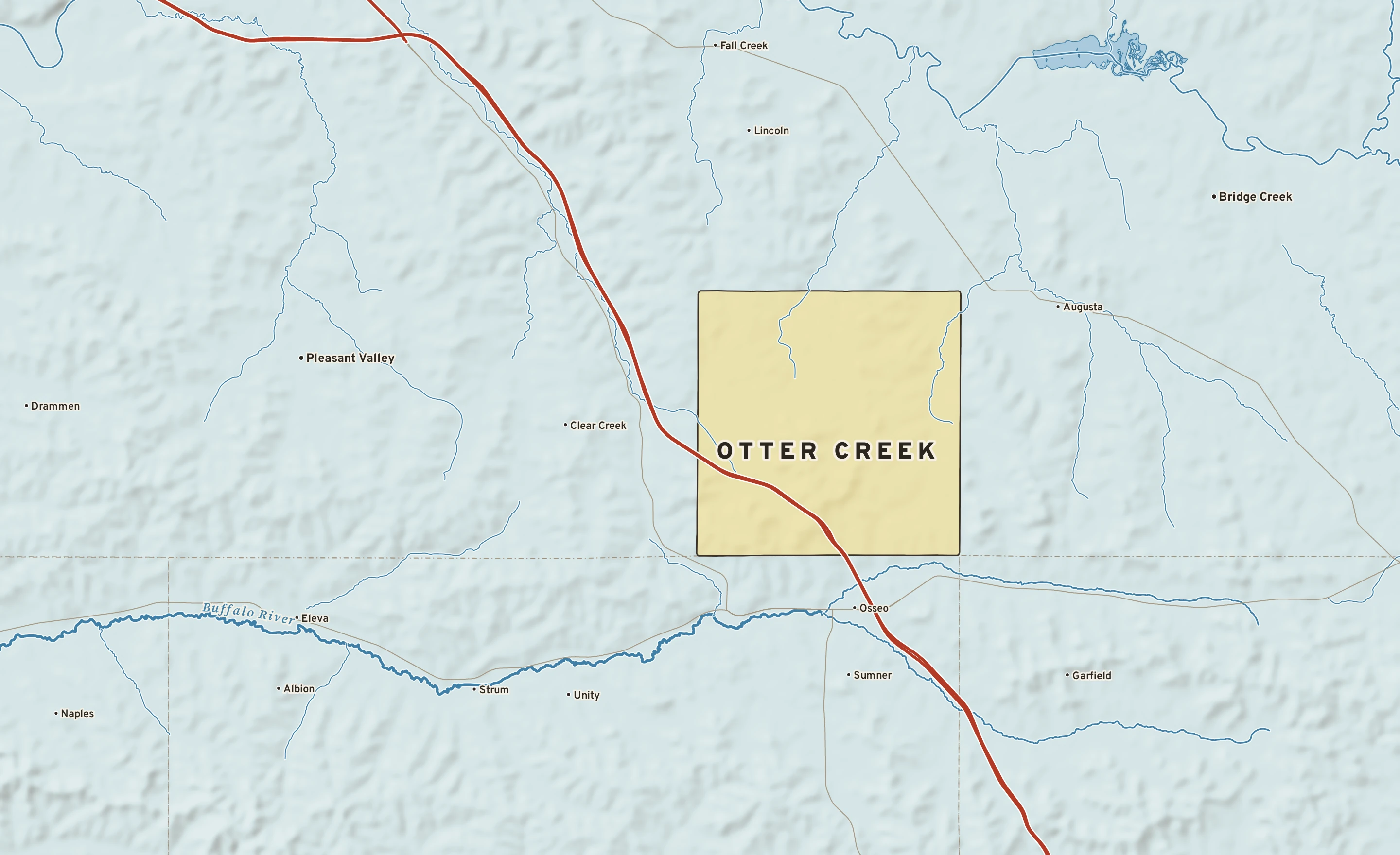 Shaded-relief atlas plate of Otter Creek, Wisconsin: rivers, roads, the city limits and where the water drains.