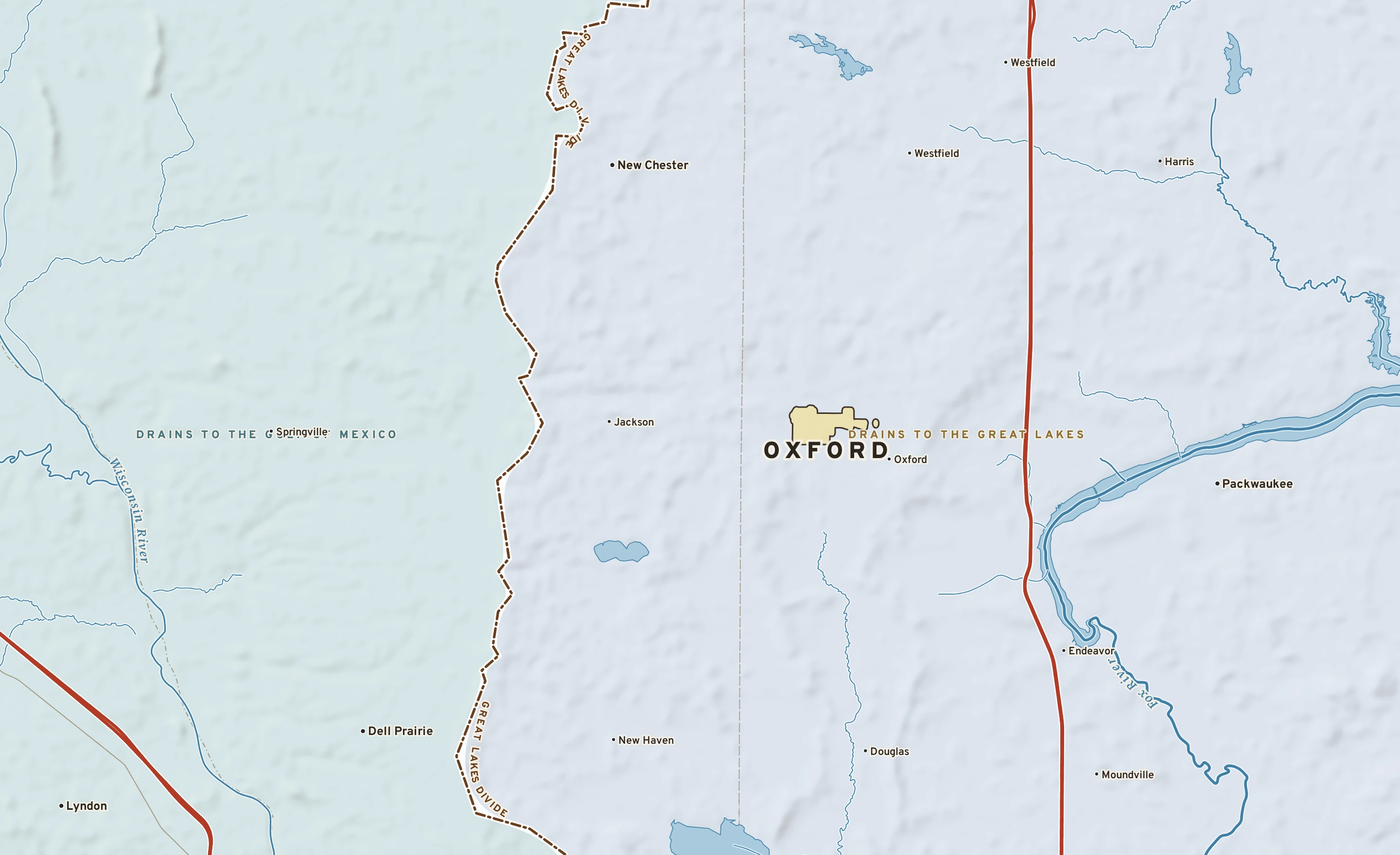 Shaded-relief atlas plate of Oxford, Wisconsin: rivers, roads, the city limits and where the water drains.
