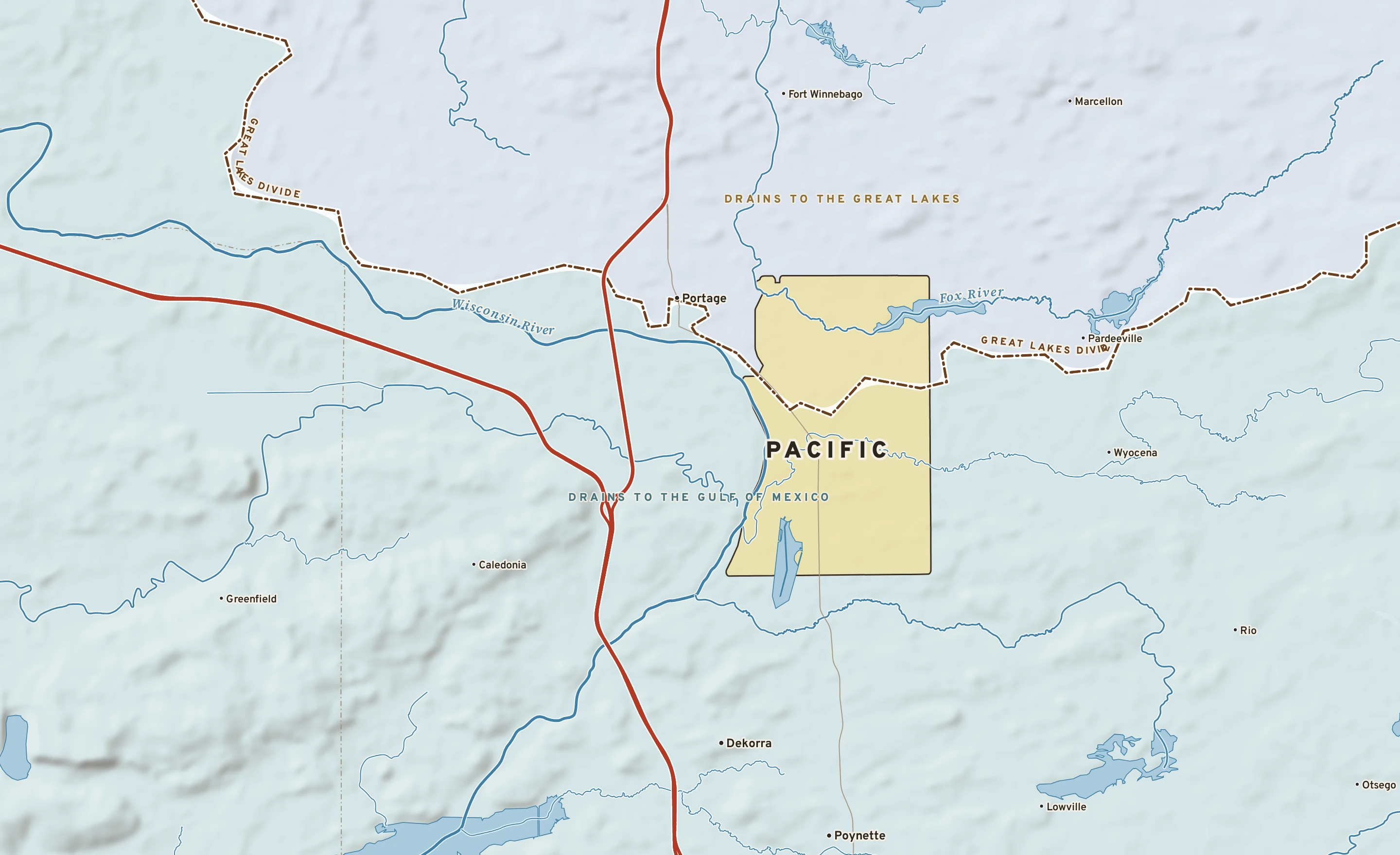 Shaded-relief atlas plate of Pacific, Wisconsin: rivers, roads, the city limits and where the water drains.