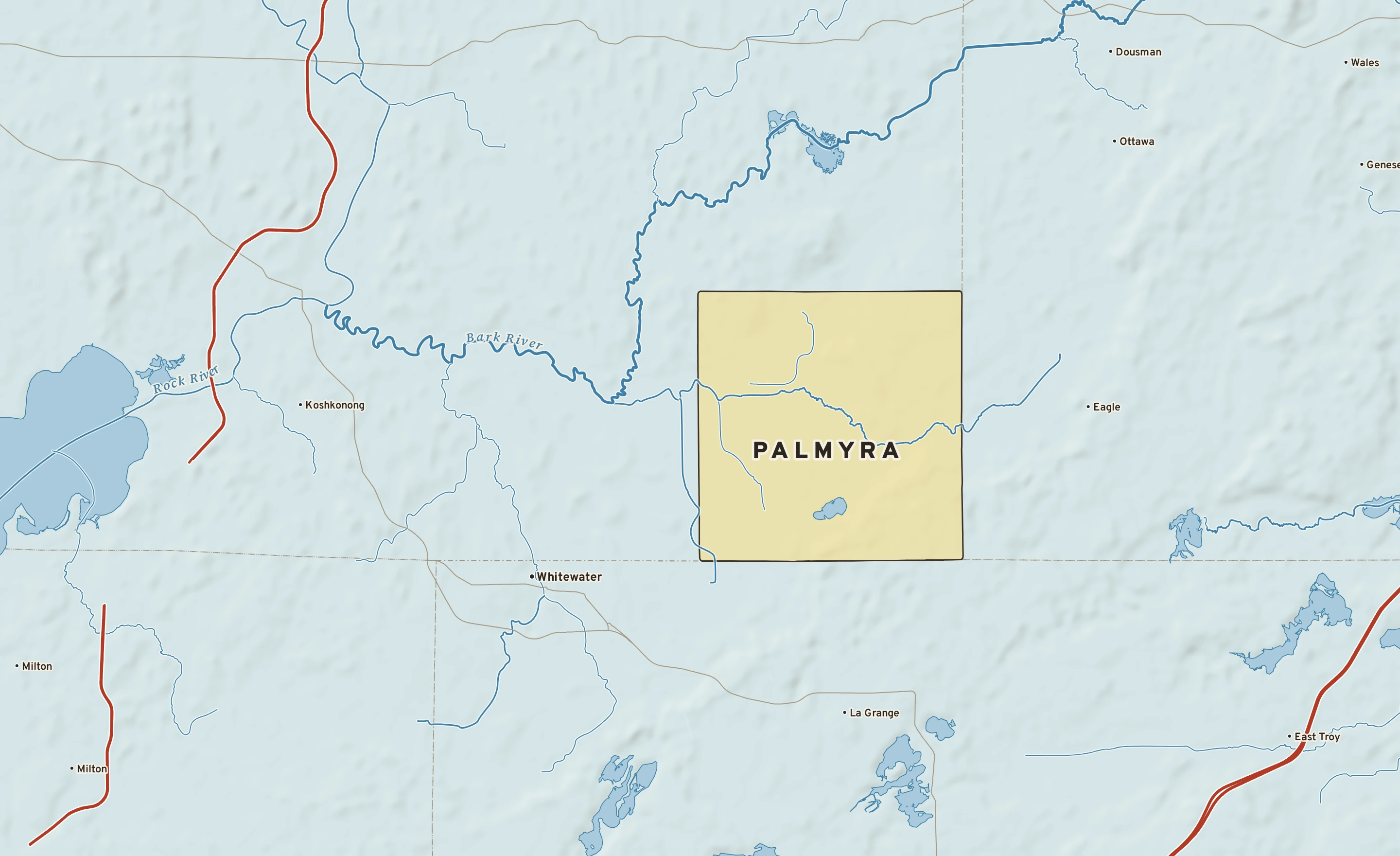 Shaded-relief atlas plate of Palmyra, Wisconsin: rivers, roads, the city limits and where the water drains.