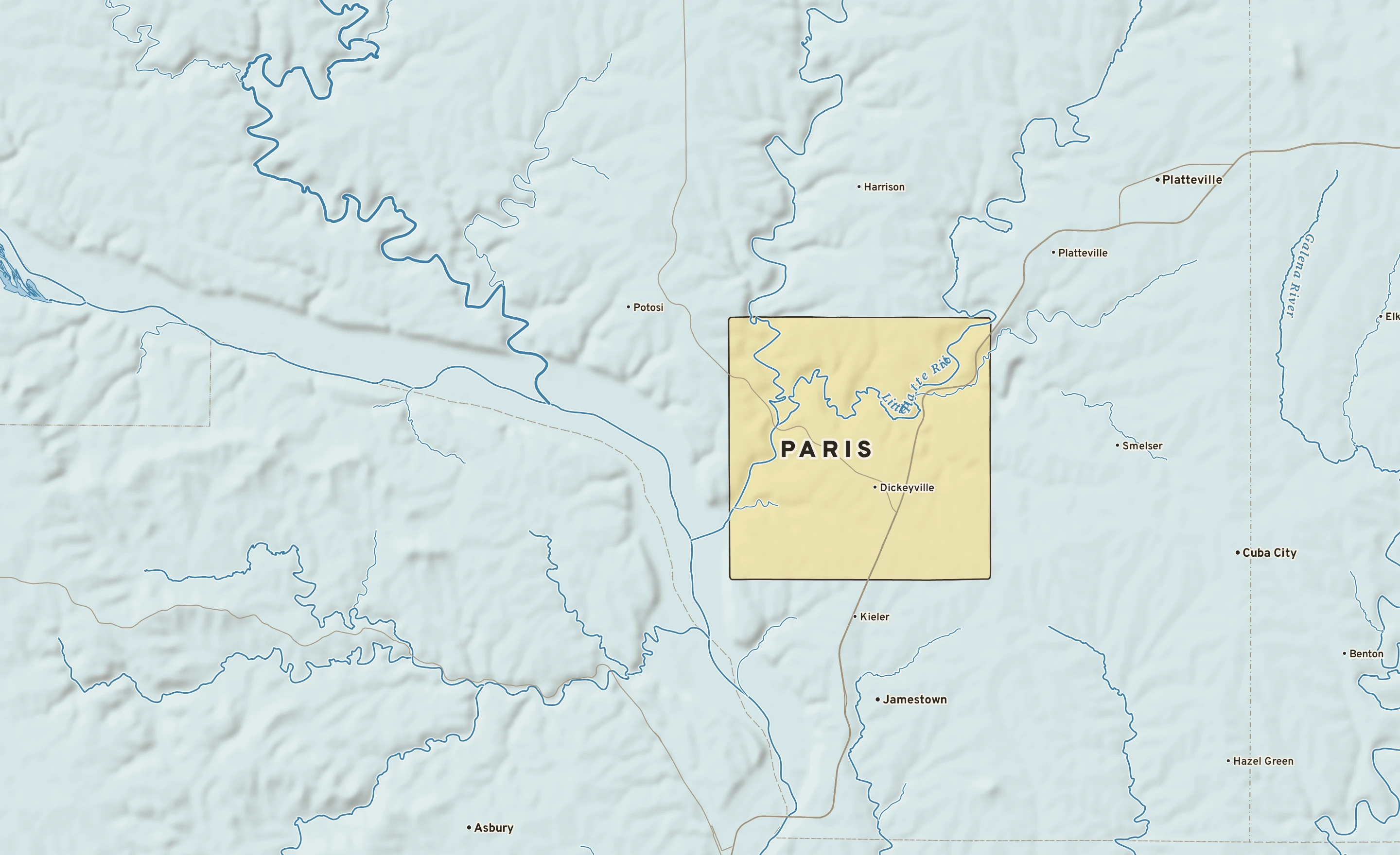 Shaded-relief atlas plate of Paris, Wisconsin: rivers, roads, the city limits and where the water drains.