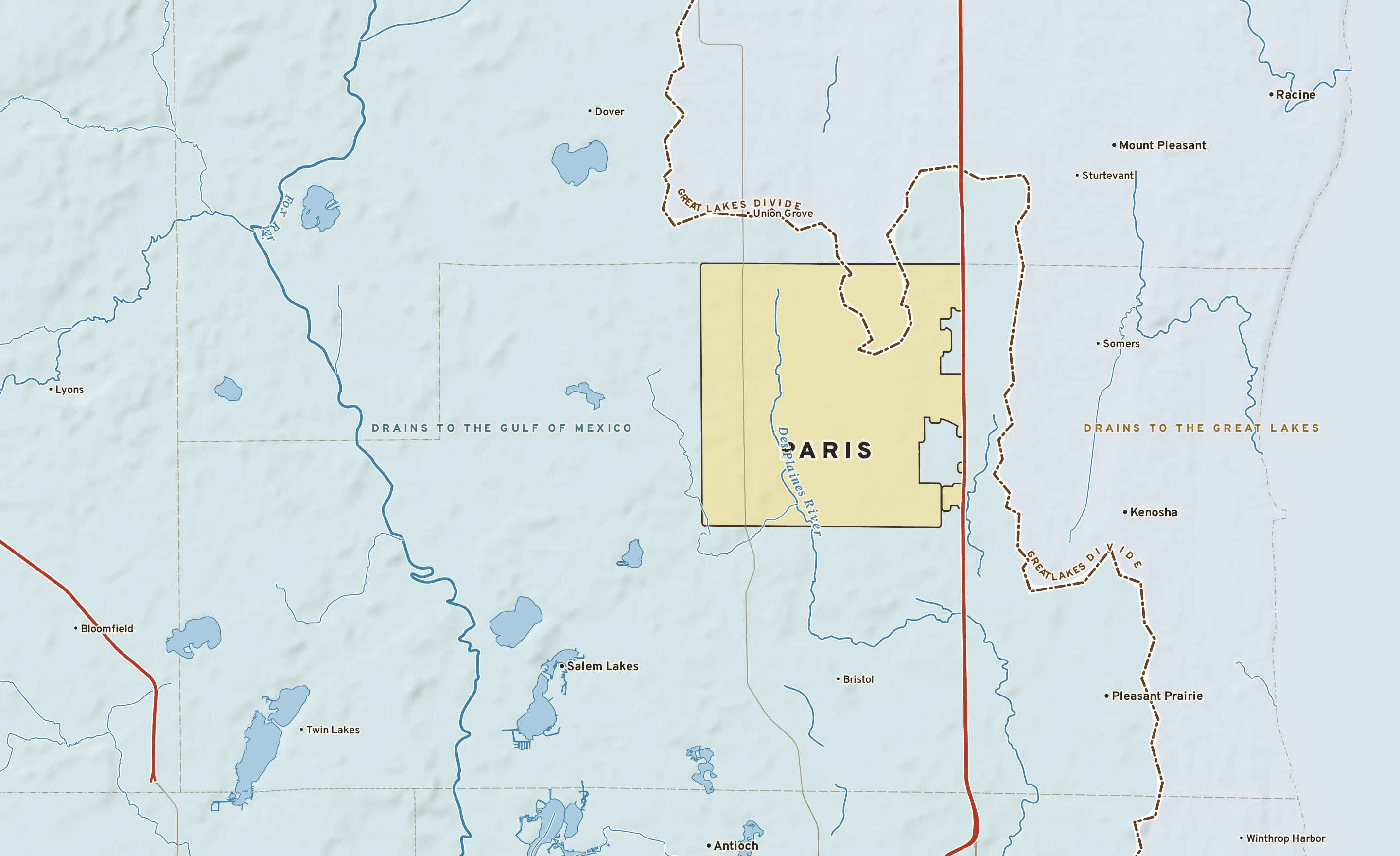 Shaded-relief atlas plate of Paris, Wisconsin: rivers, roads, the city limits and where the water drains.