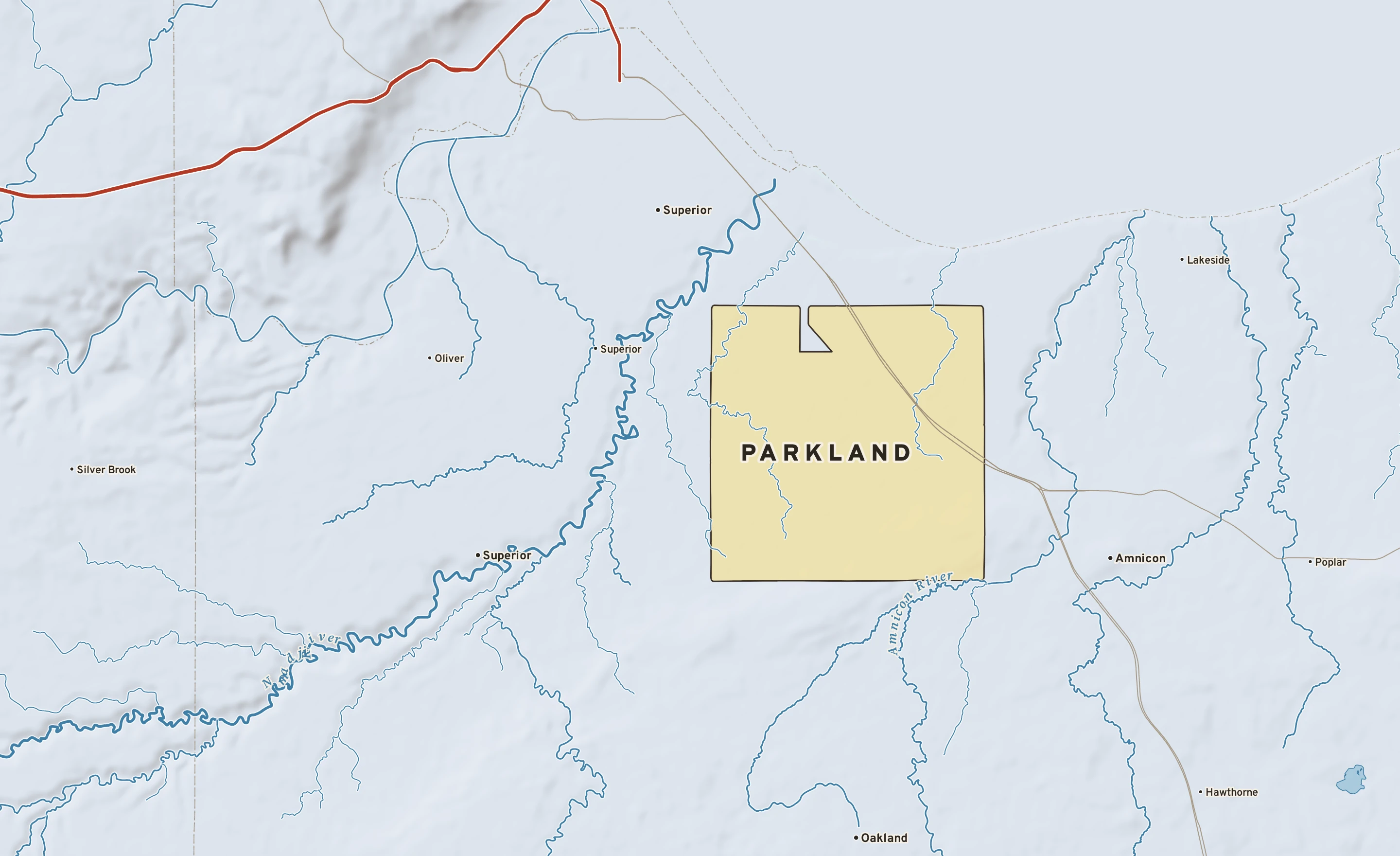 Shaded-relief atlas plate of Parkland, Wisconsin: rivers, roads, the city limits and where the water drains.