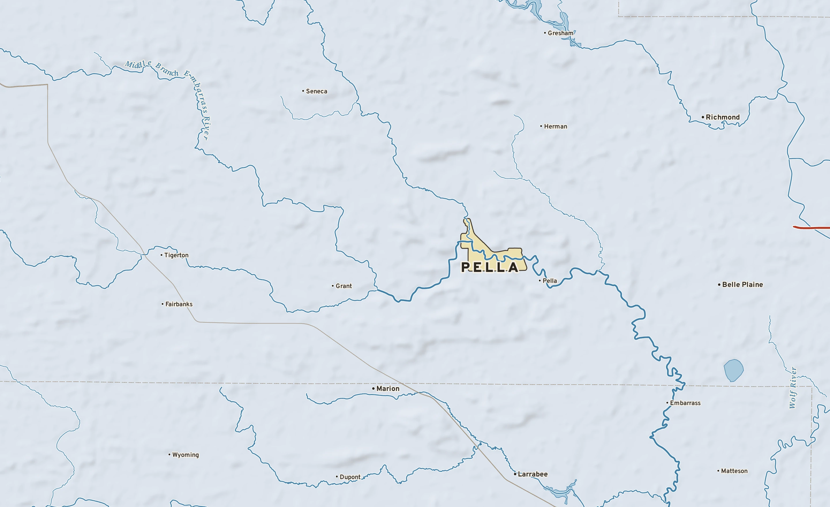 Shaded-relief atlas plate of Pella, Wisconsin: rivers, roads, the city limits and where the water drains.