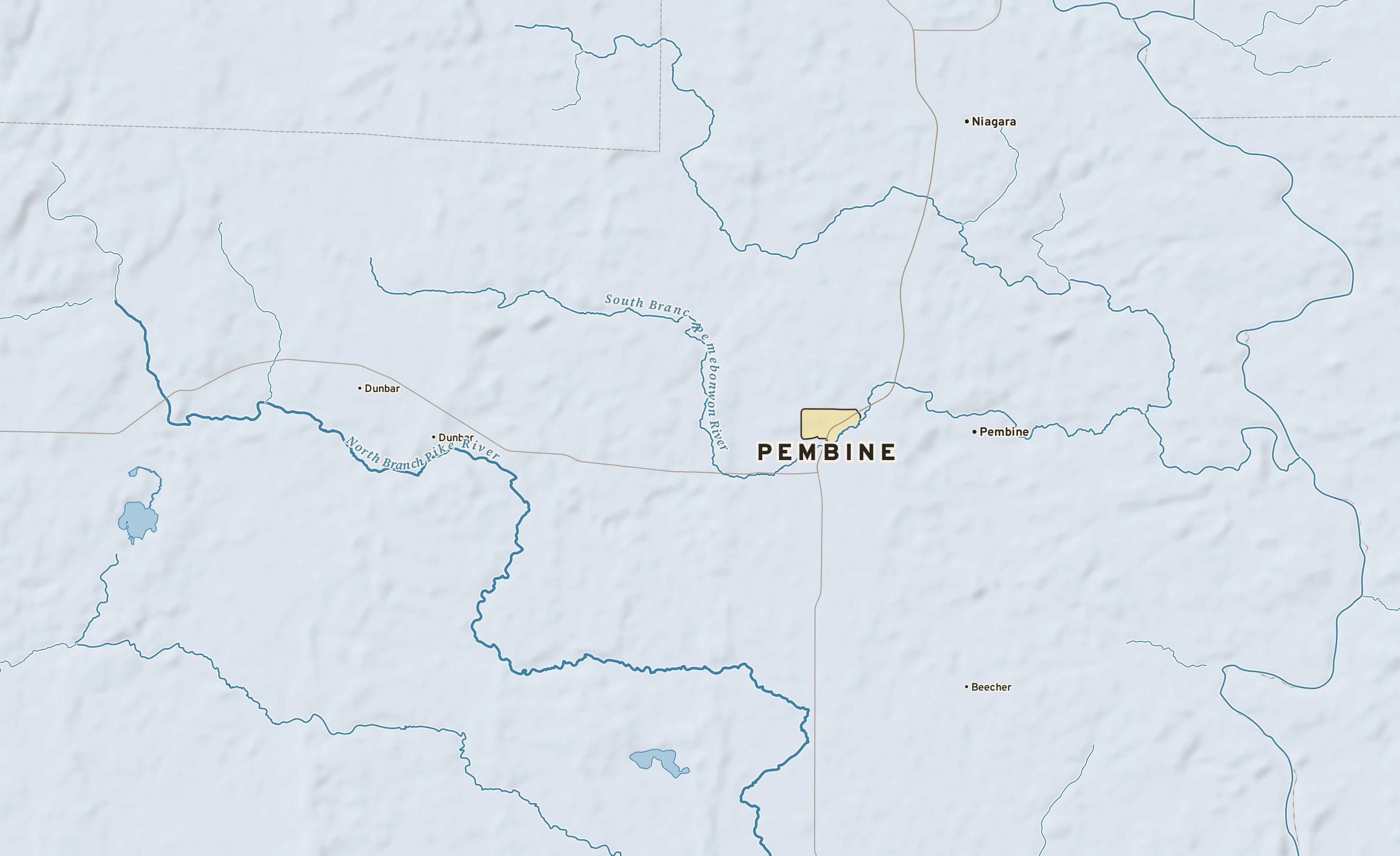 Shaded-relief atlas plate of Pembine, Wisconsin: rivers, roads, the city limits and where the water drains.