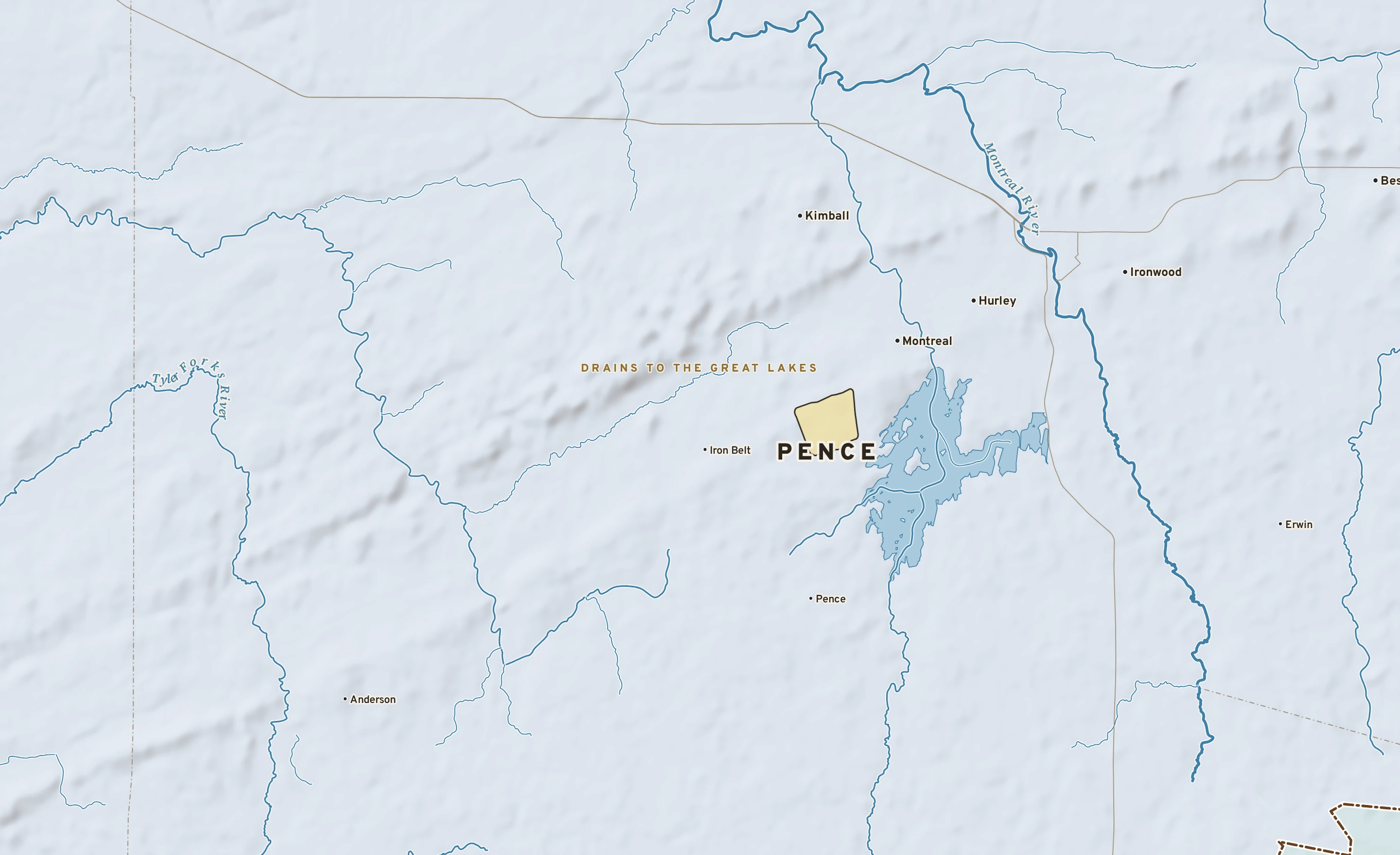 Shaded-relief atlas plate of Pence, Wisconsin: rivers, roads, the city limits and where the water drains.