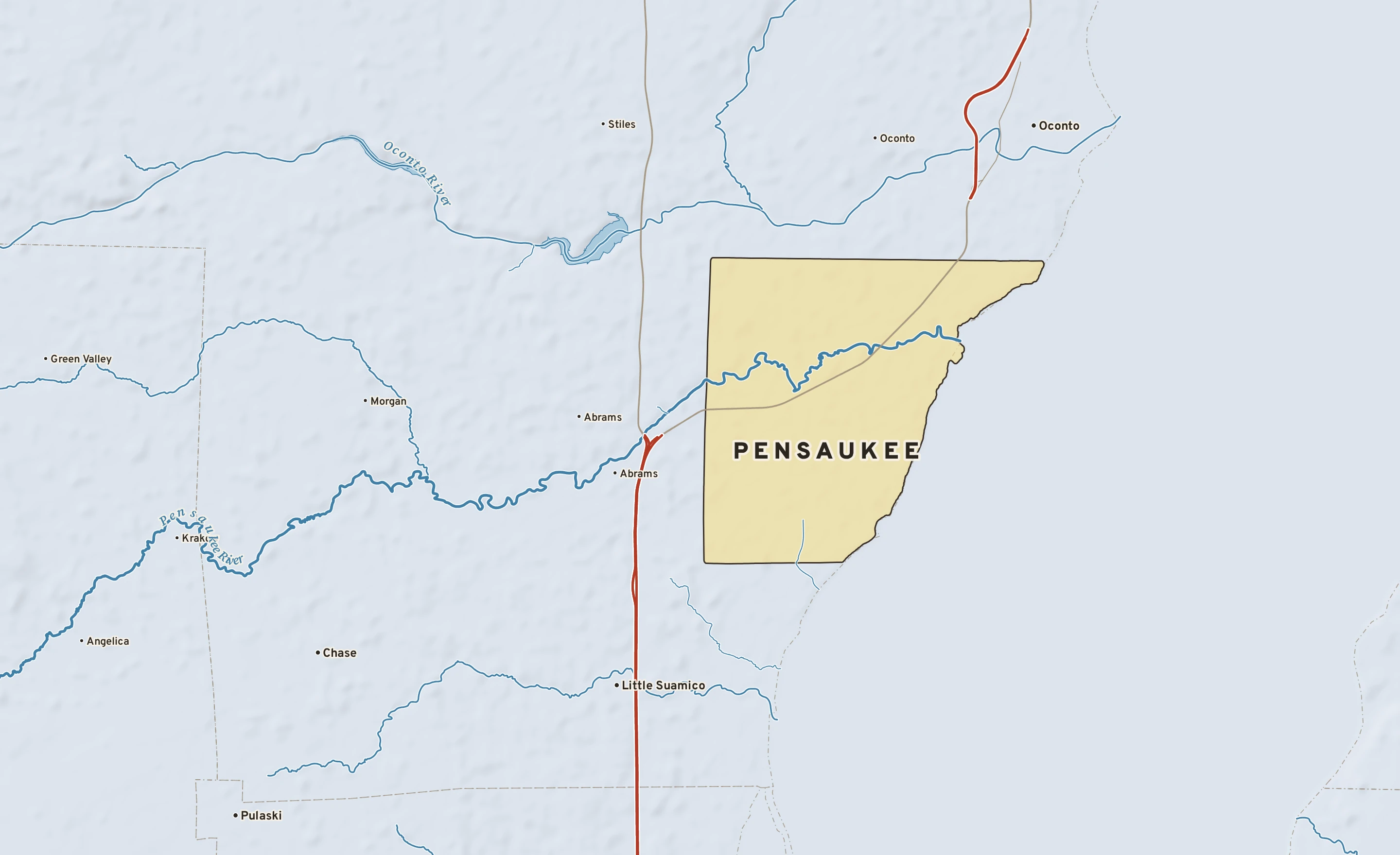 Shaded-relief atlas plate of Pensaukee, Wisconsin: rivers, roads, the city limits and where the water drains.