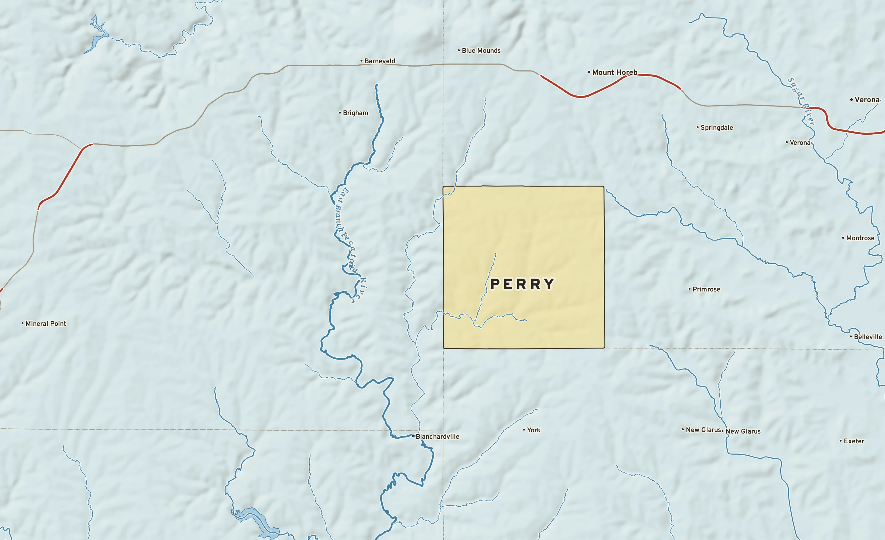 Shaded-relief atlas plate of Perry, Wisconsin: rivers, roads, the city limits and where the water drains.