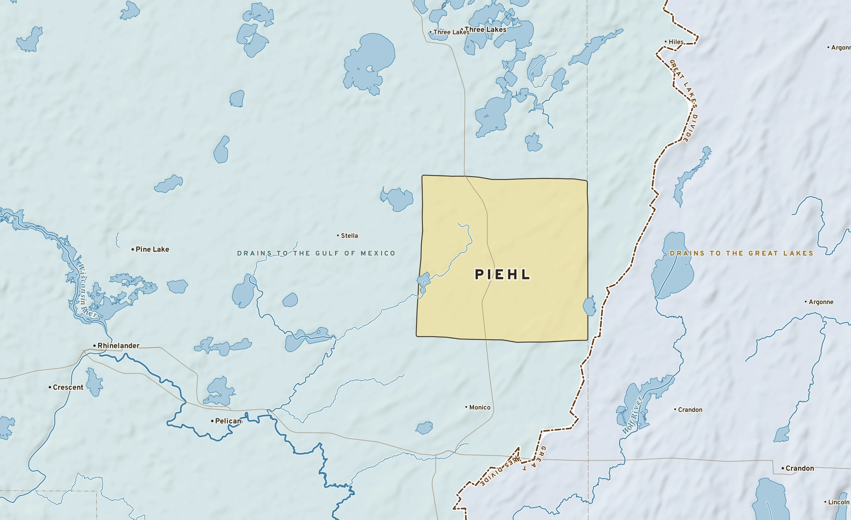 Shaded-relief atlas plate of Piehl, Wisconsin: rivers, roads, the city limits and where the water drains.