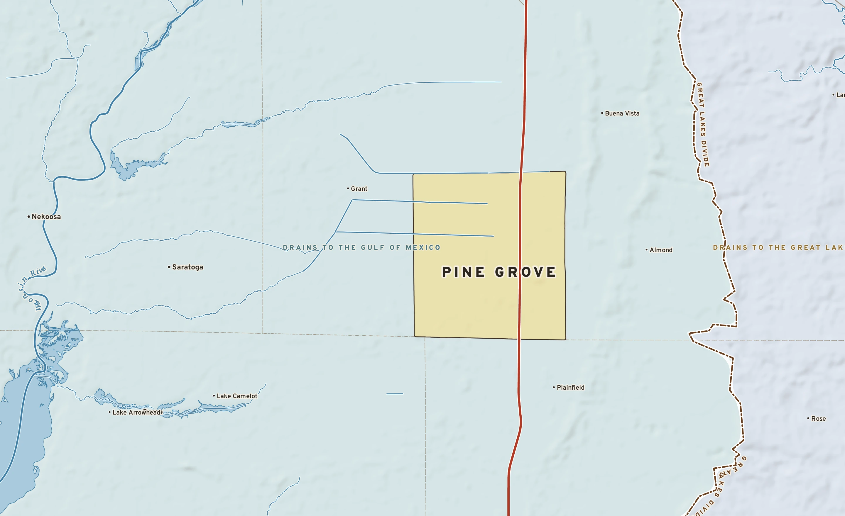 Shaded-relief atlas plate of Pine Grove, Wisconsin: rivers, roads, the city limits and where the water drains.