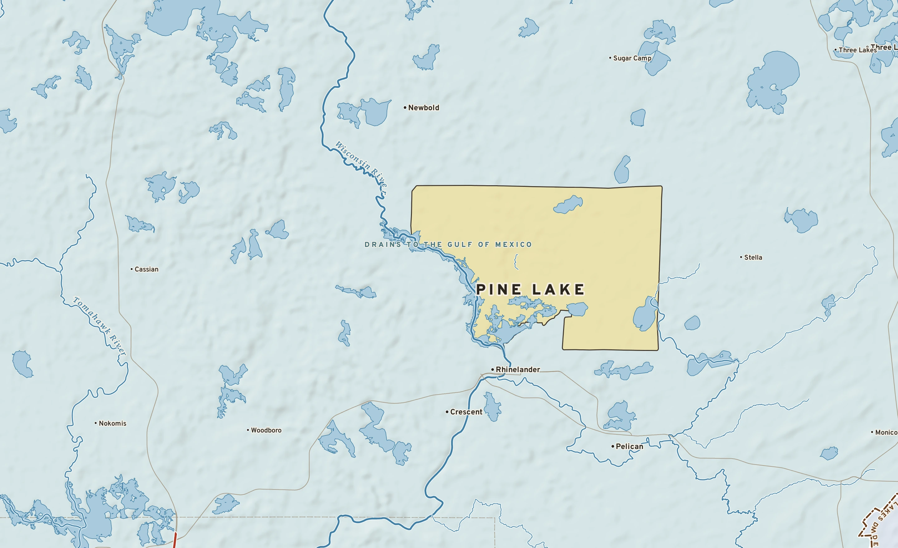 Shaded-relief atlas plate of Pine Lake, Wisconsin: rivers, roads, the city limits and where the water drains.
