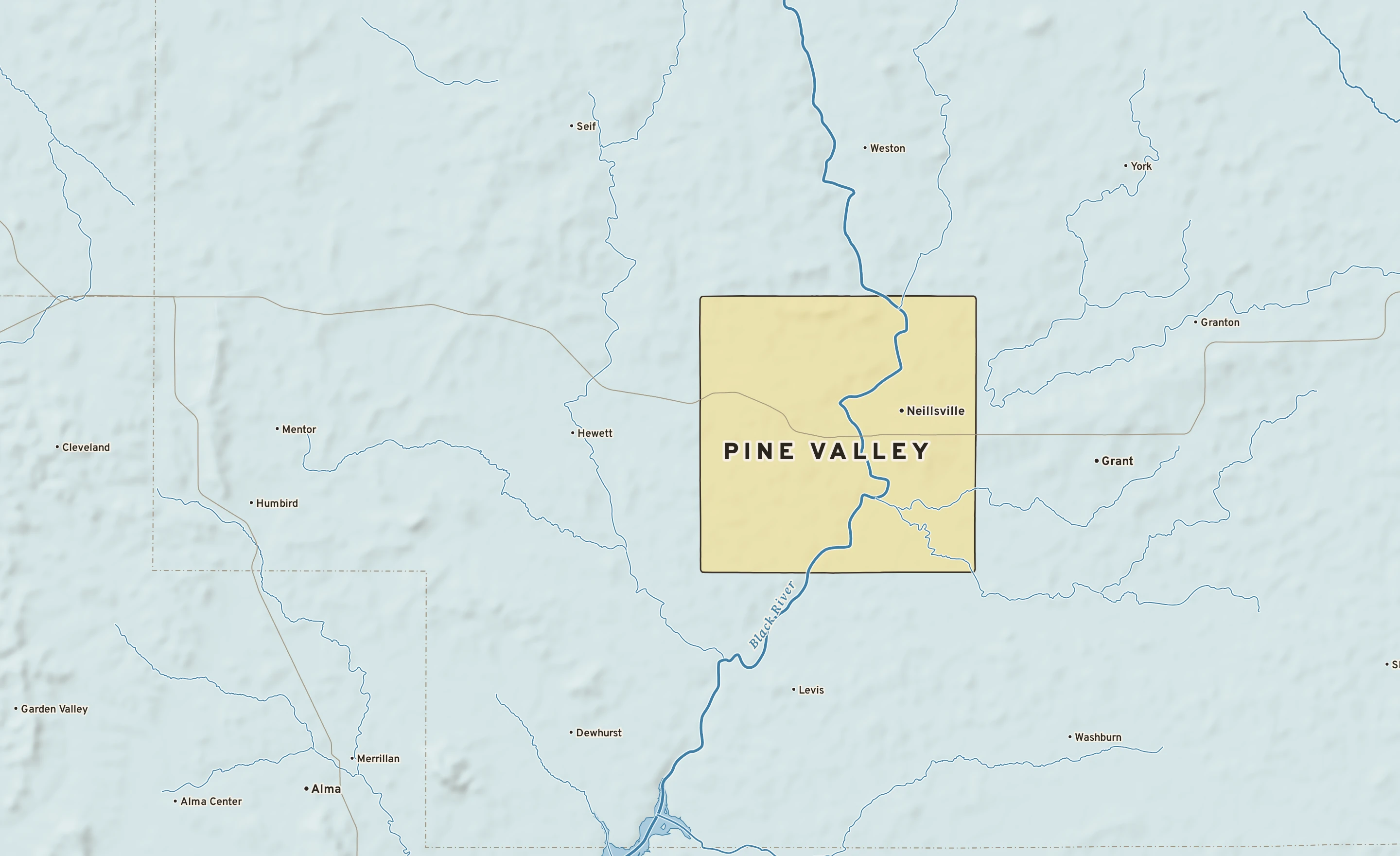 Shaded-relief atlas plate of Pine Valley, Wisconsin: rivers, roads, the city limits and where the water drains.