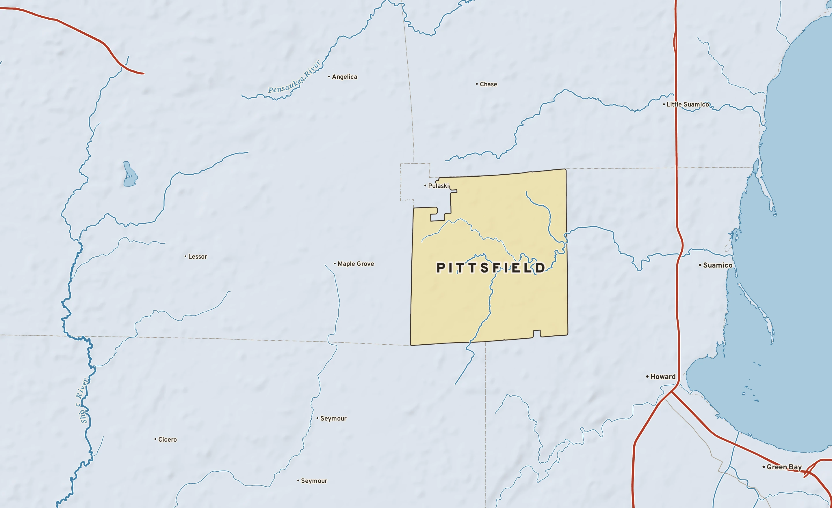 Shaded-relief atlas plate of Pittsfield, Wisconsin: rivers, roads, the city limits and where the water drains.