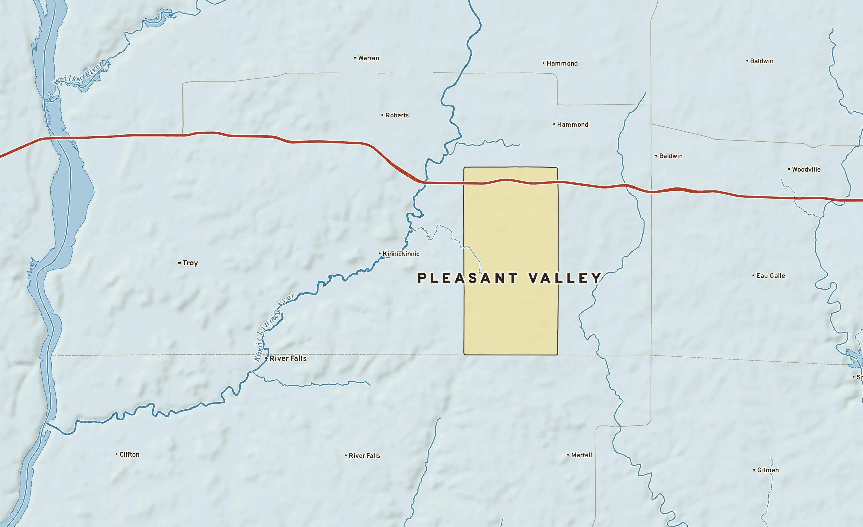 Shaded-relief atlas plate of Pleasant Valley, Wisconsin: rivers, roads, the city limits and where the water drains.