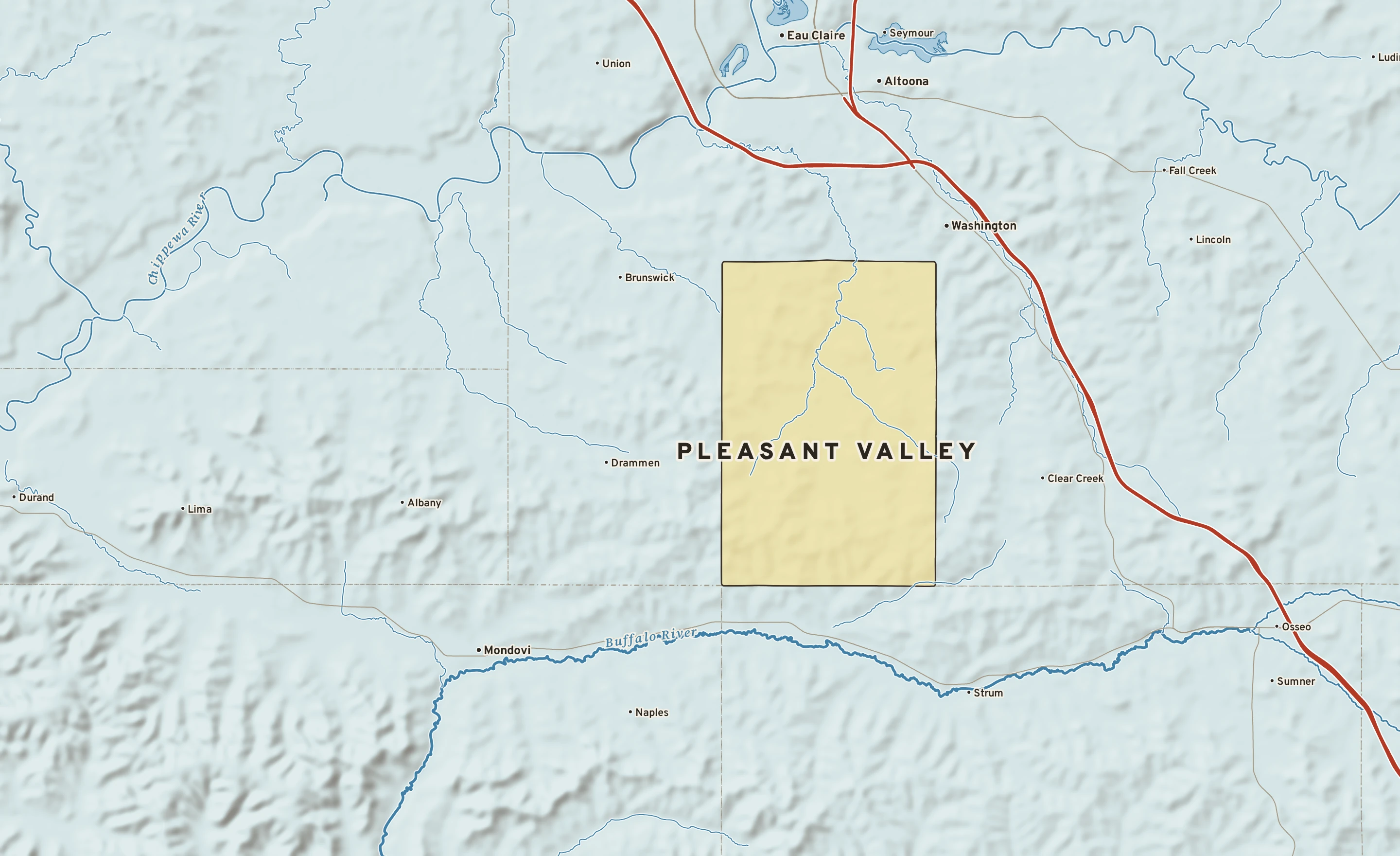 Shaded-relief atlas plate of Pleasant Valley, Wisconsin: rivers, roads, the city limits and where the water drains.
