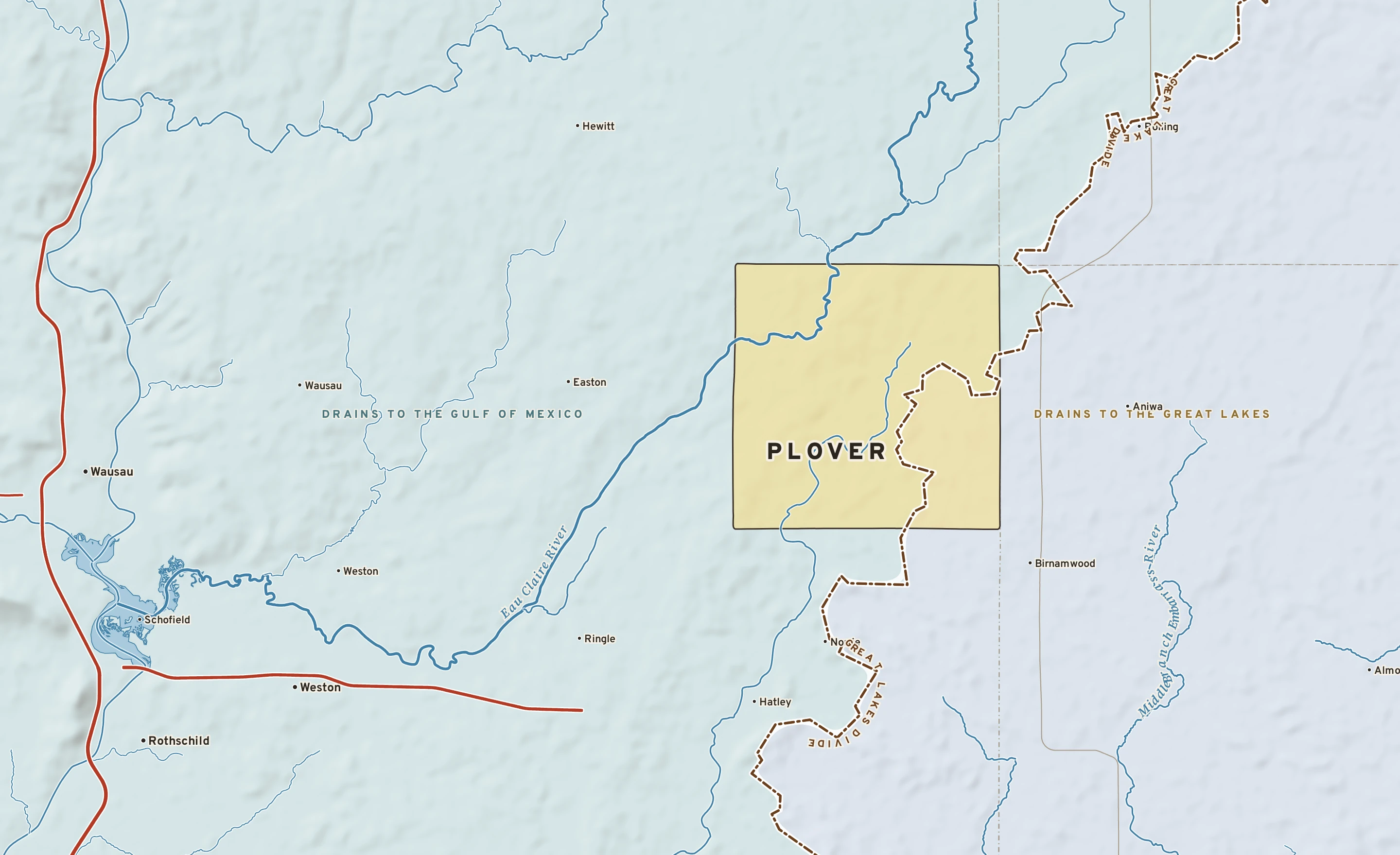Shaded-relief atlas plate of Plover, Wisconsin: rivers, roads, the city limits and where the water drains.
