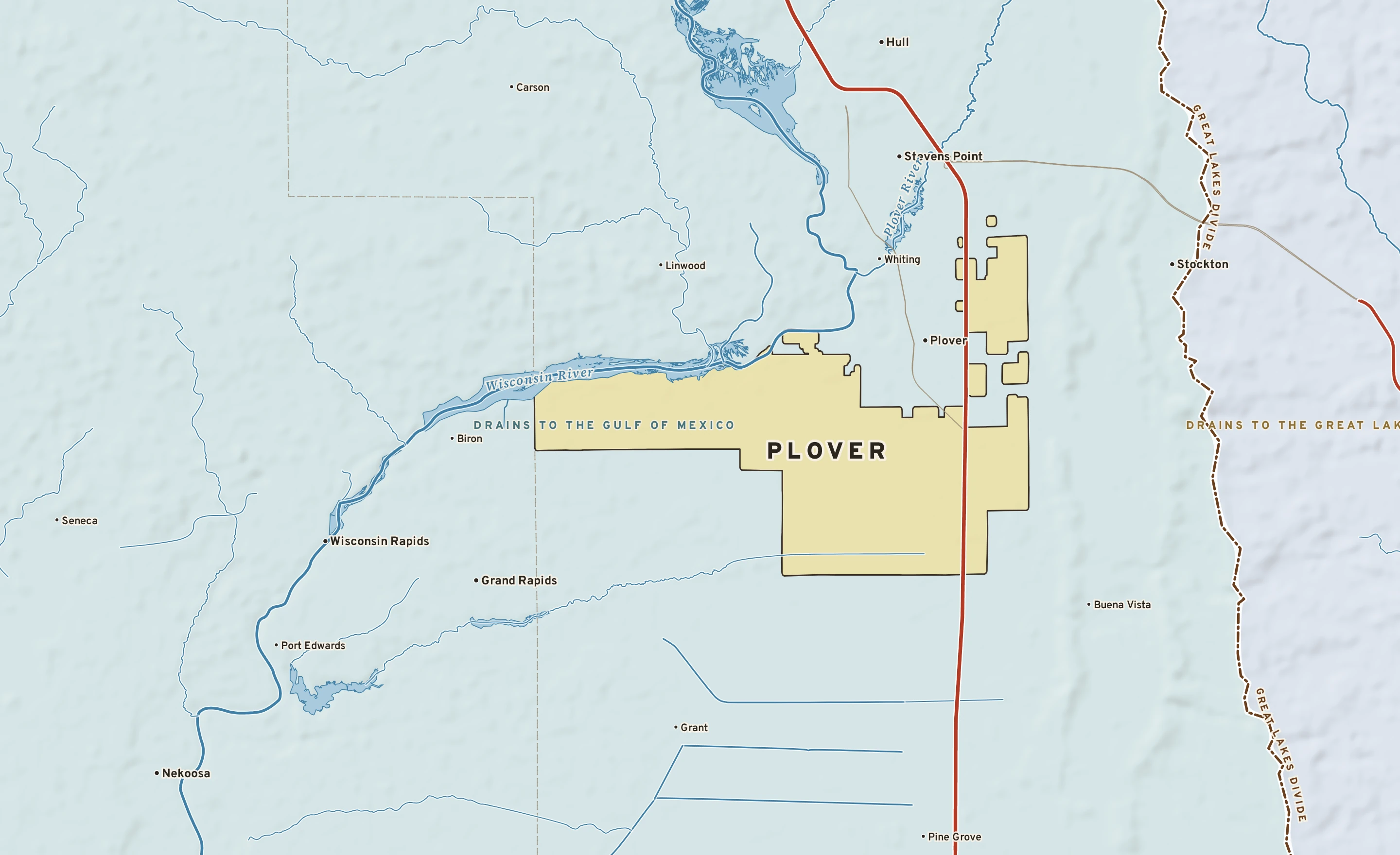 Shaded-relief atlas plate of Plover, Wisconsin: rivers, roads, the city limits and where the water drains.