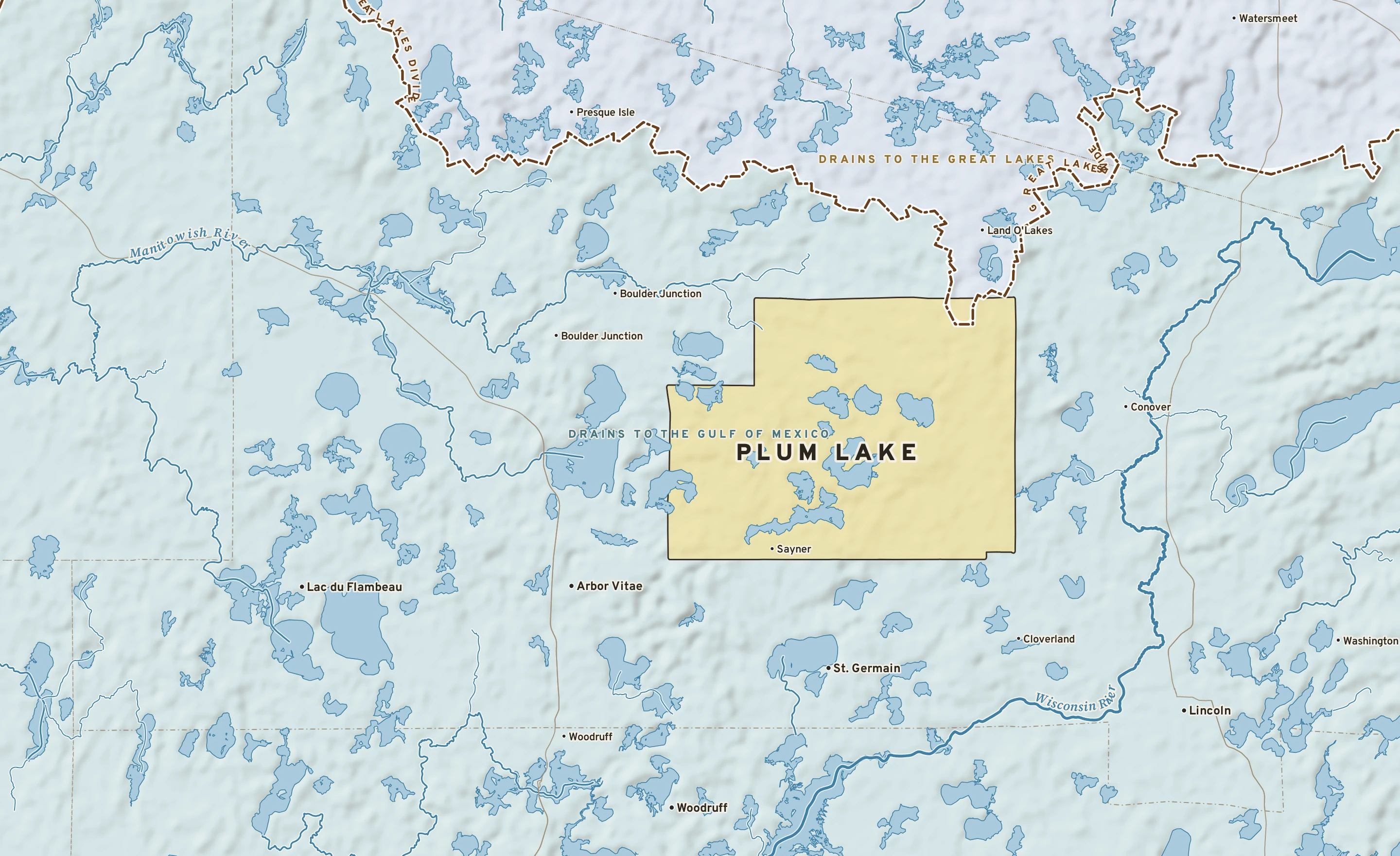 Shaded-relief atlas plate of Plum Lake, Wisconsin: rivers, roads, the city limits and where the water drains.
