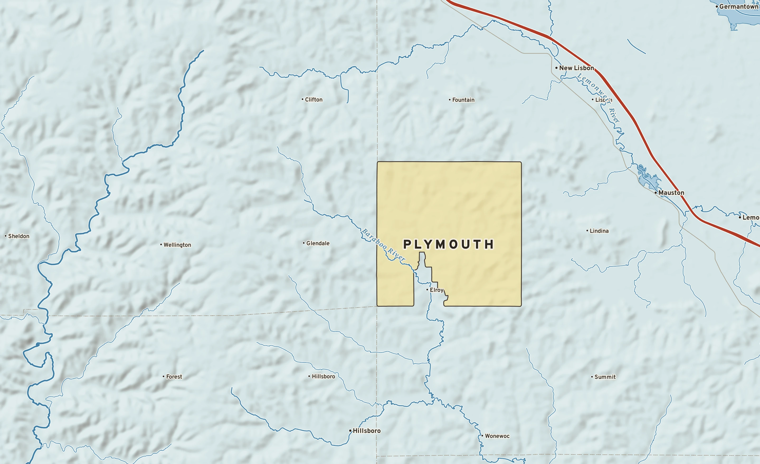 Shaded-relief atlas plate of Plymouth, Wisconsin: rivers, roads, the city limits and where the water drains.