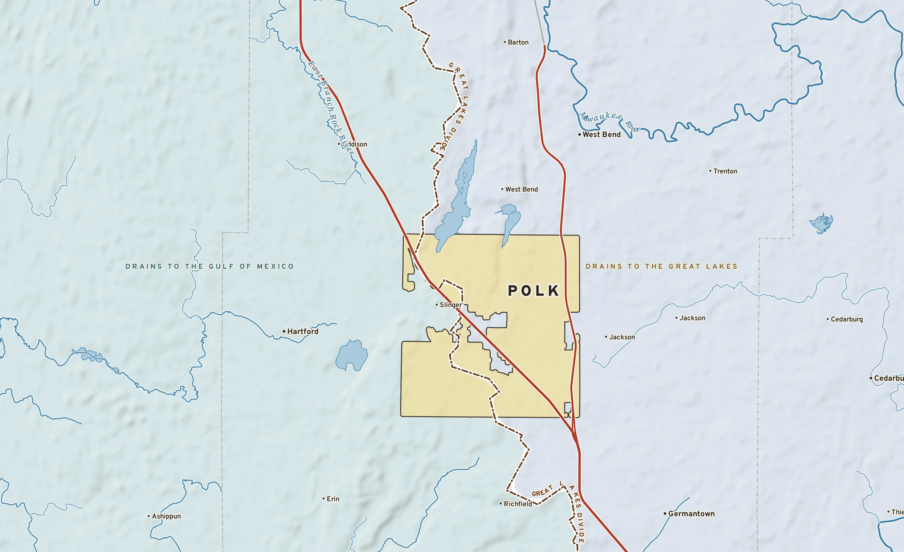 Shaded-relief atlas plate of Polk, Wisconsin: rivers, roads, the city limits and where the water drains.