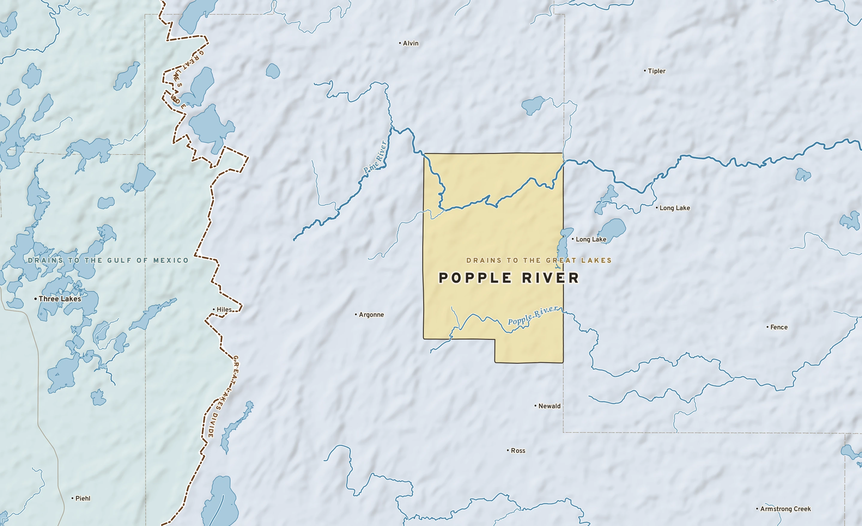 Shaded-relief atlas plate of Popple River, Wisconsin: rivers, roads, the city limits and where the water drains.