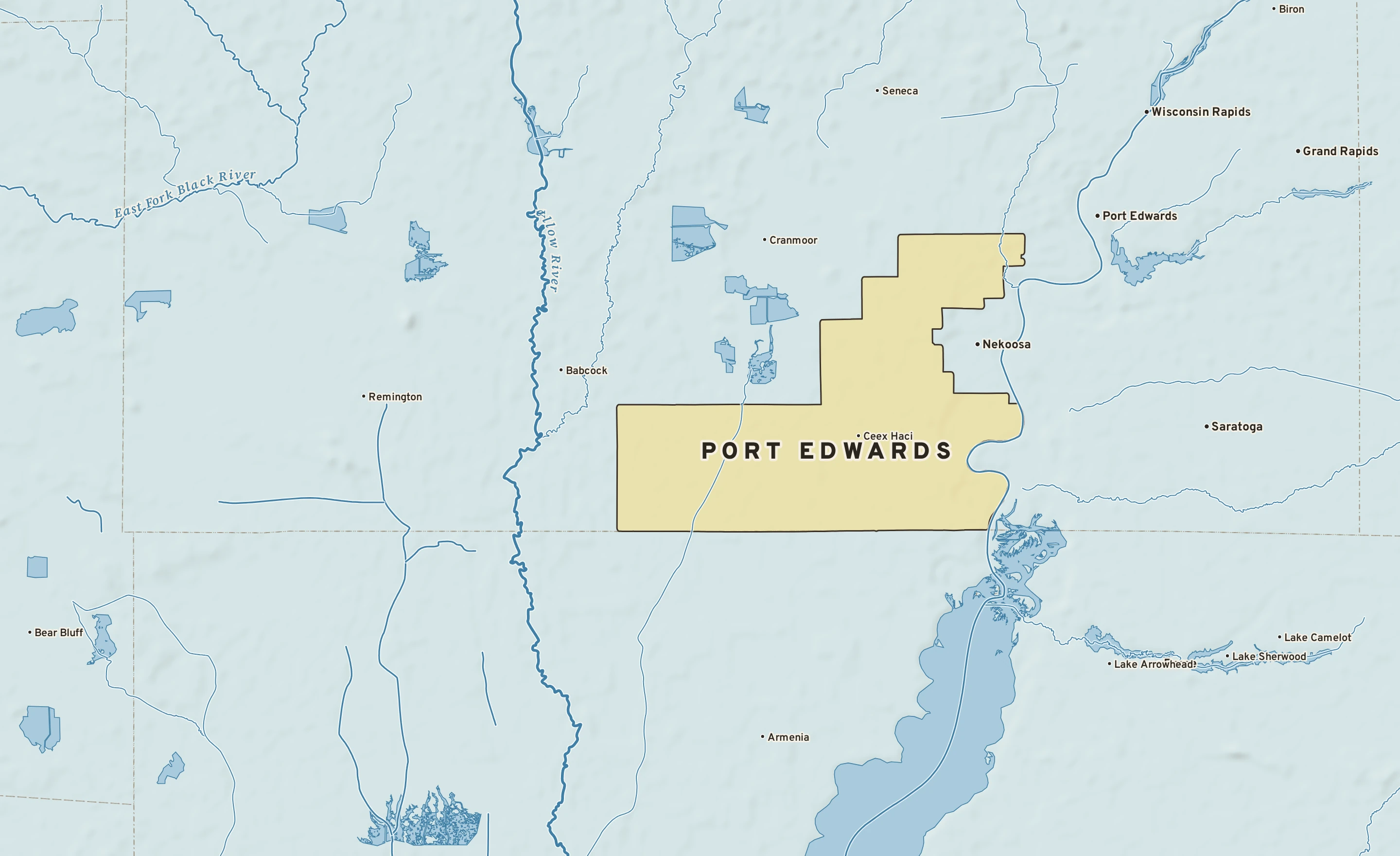 Shaded-relief atlas plate of Port Edwards, Wisconsin: rivers, roads, the city limits and where the water drains.