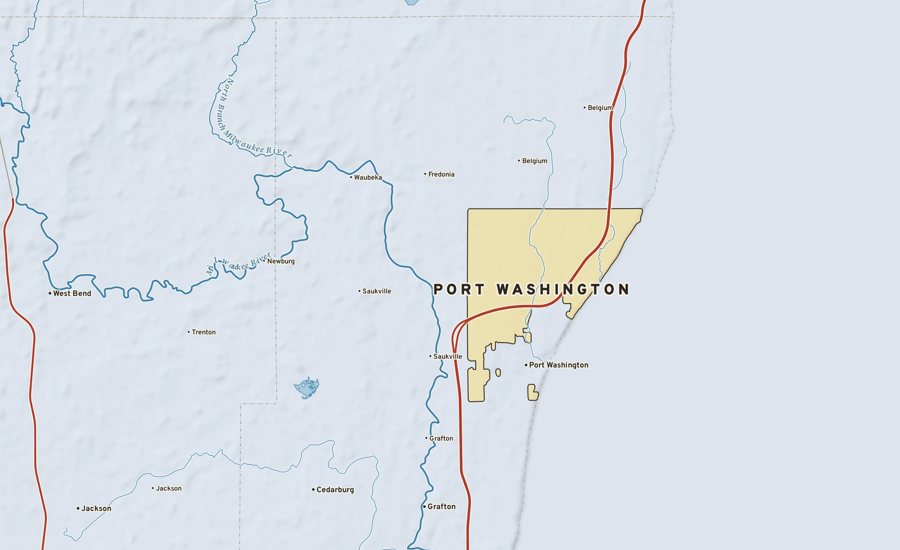 Shaded-relief atlas plate of Port Washington, Wisconsin: rivers, roads, the city limits and where the water drains.
