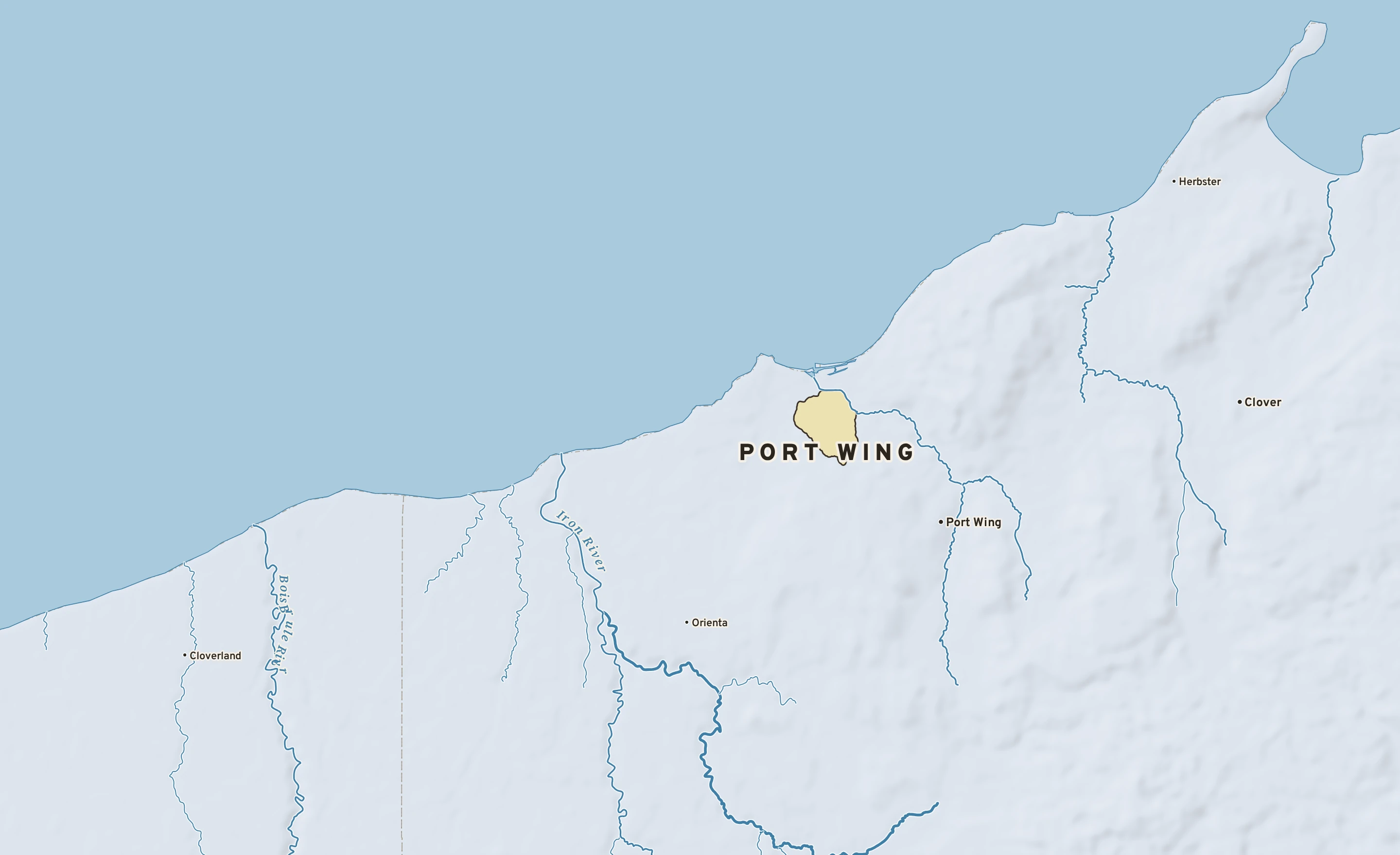 Shaded-relief atlas plate of Port Wing, Wisconsin: rivers, roads, the city limits and where the water drains.