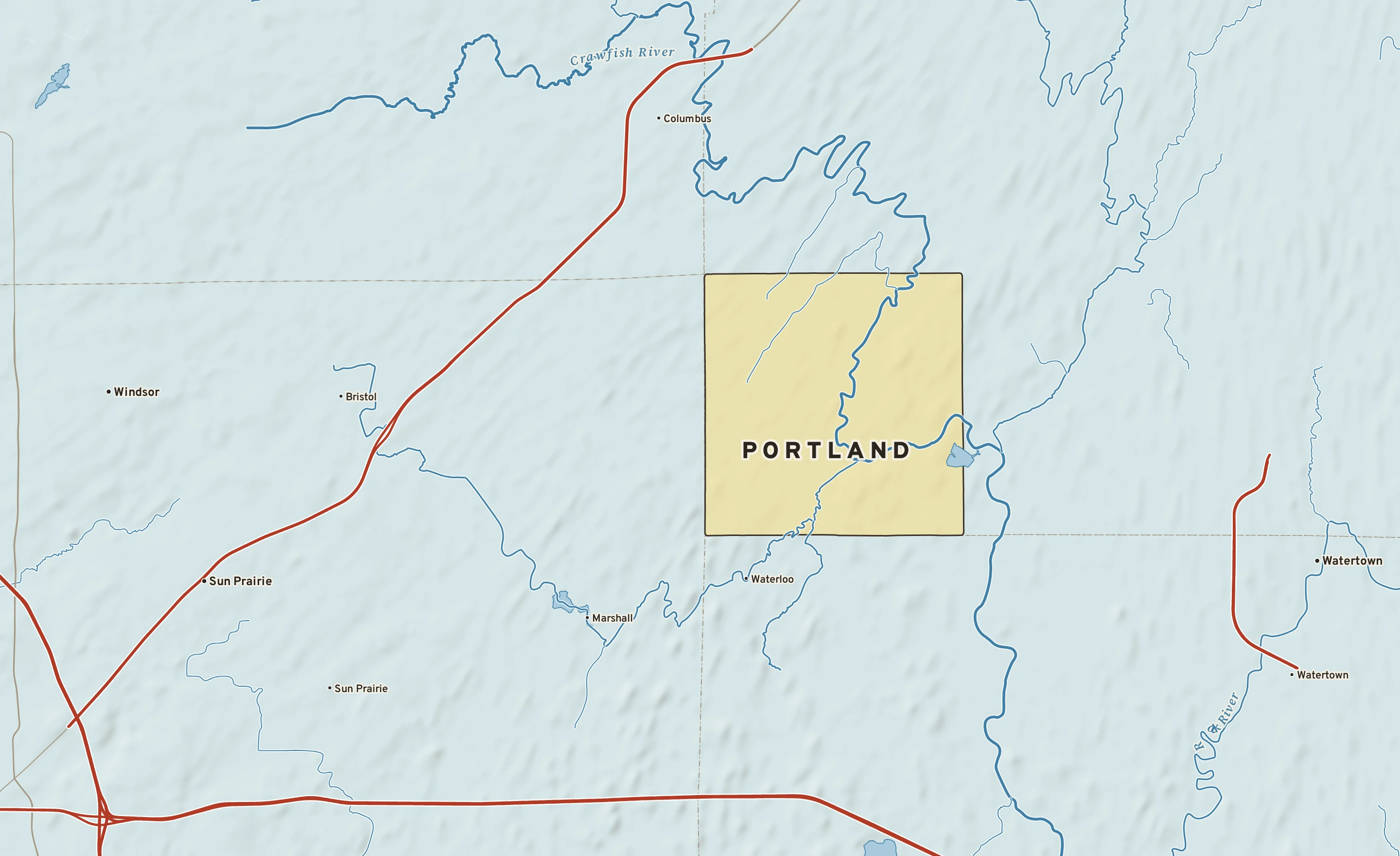 Shaded-relief atlas plate of Portland, Wisconsin: rivers, roads, the city limits and where the water drains.