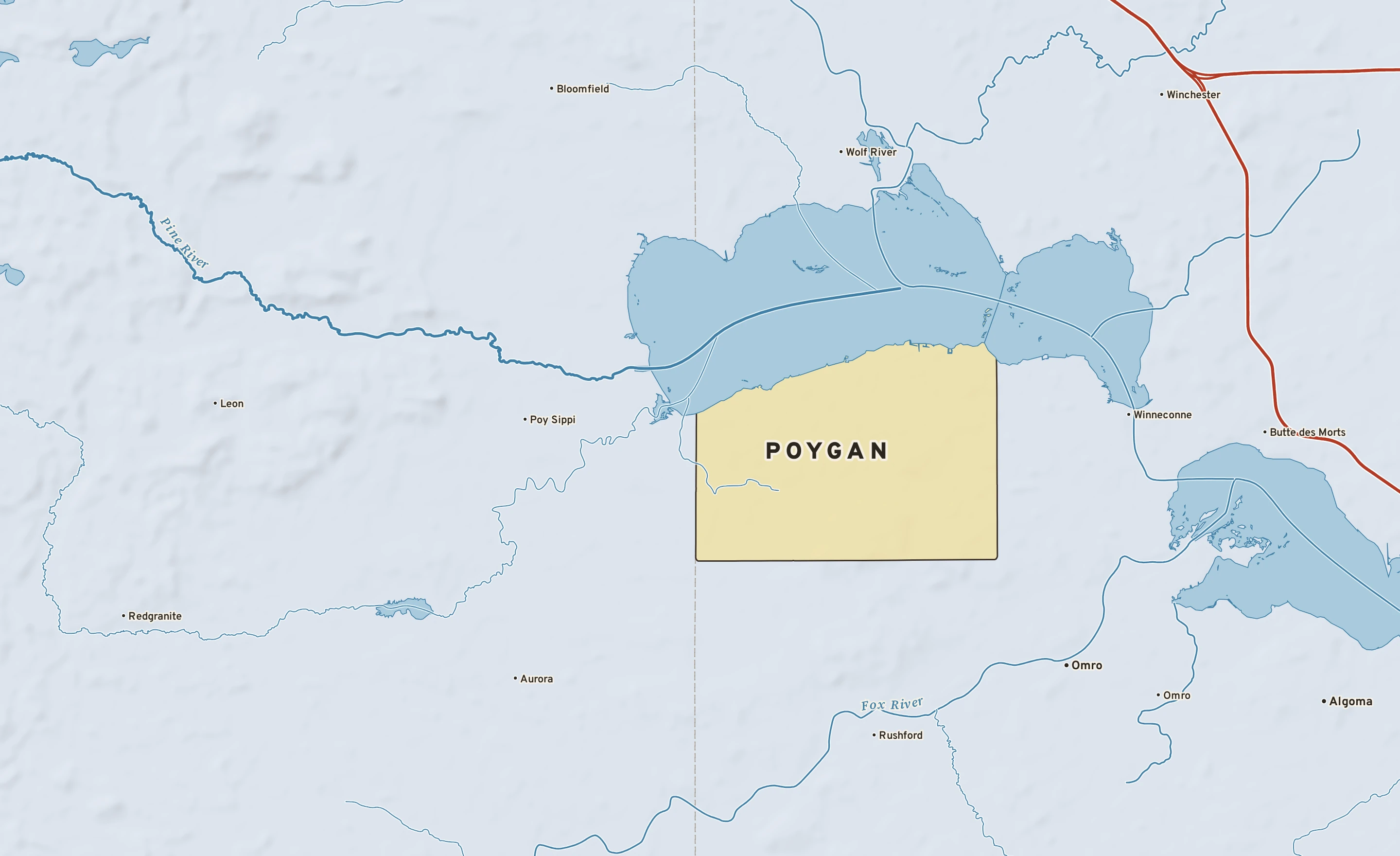 Shaded-relief atlas plate of Poygan, Wisconsin: rivers, roads, the city limits and where the water drains.