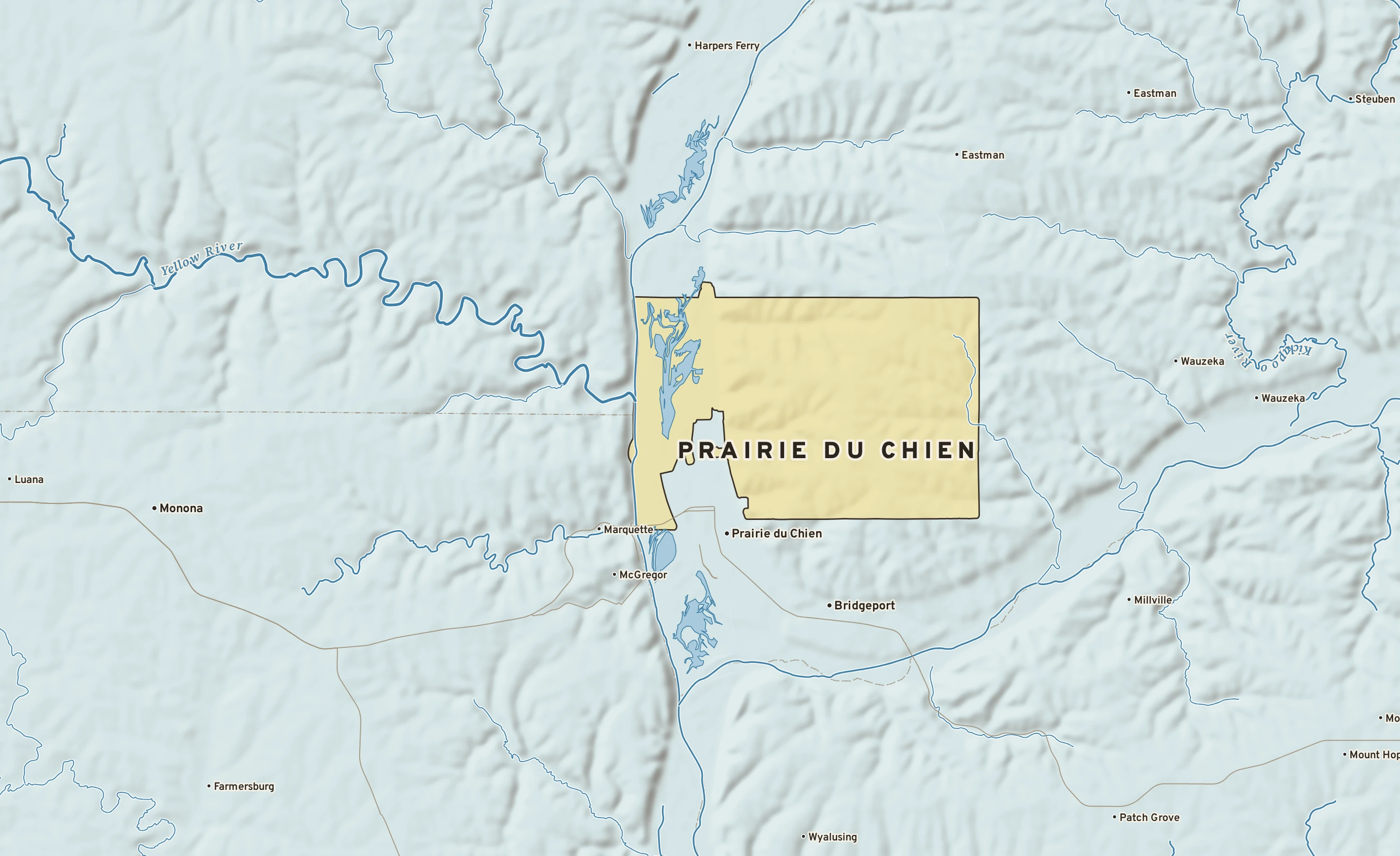 Shaded-relief atlas plate of Prairie du Chien, Wisconsin: rivers, roads, the city limits and where the water drains.