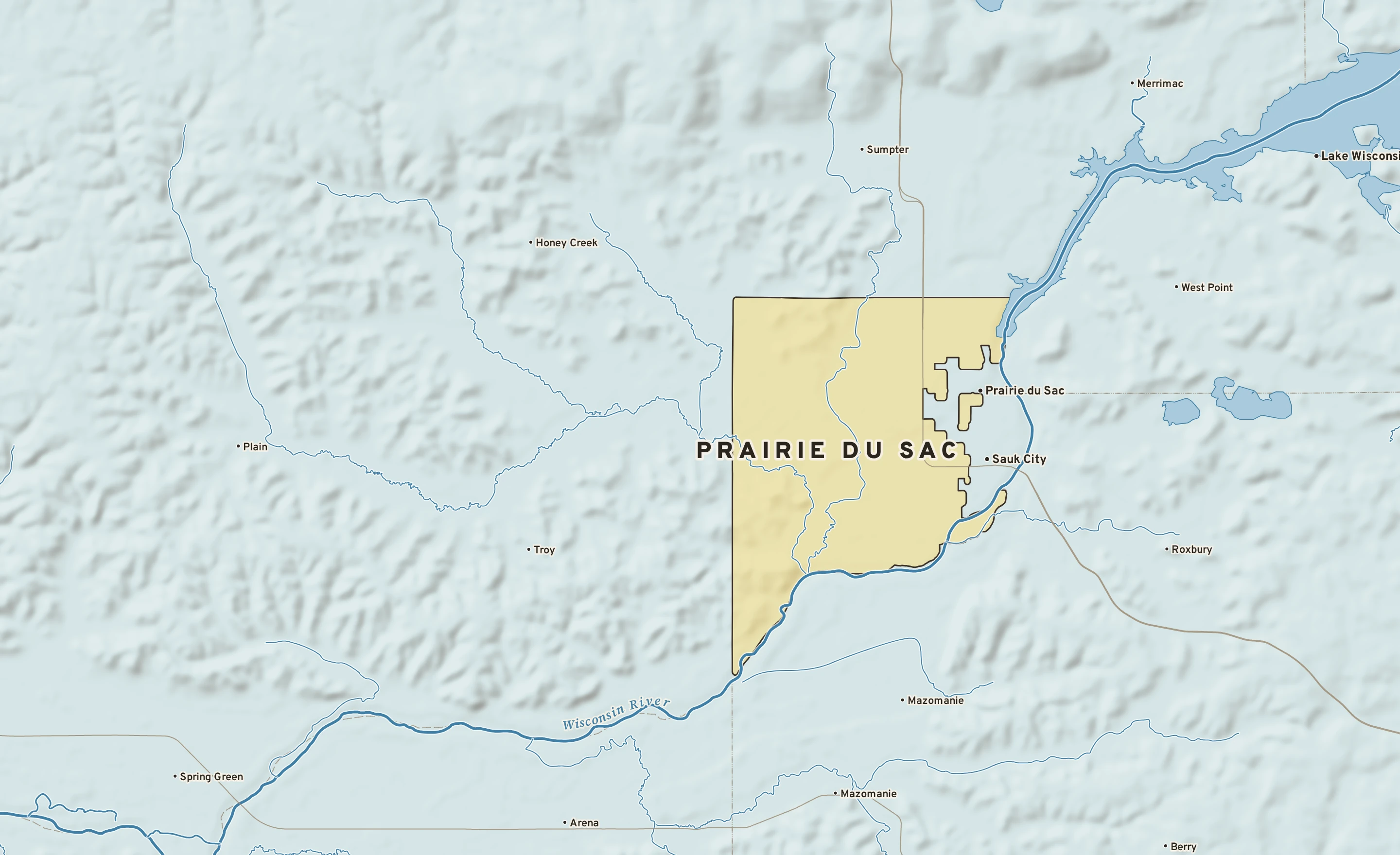 Shaded-relief atlas plate of Prairie du Sac, Wisconsin: rivers, roads, the city limits and where the water drains.