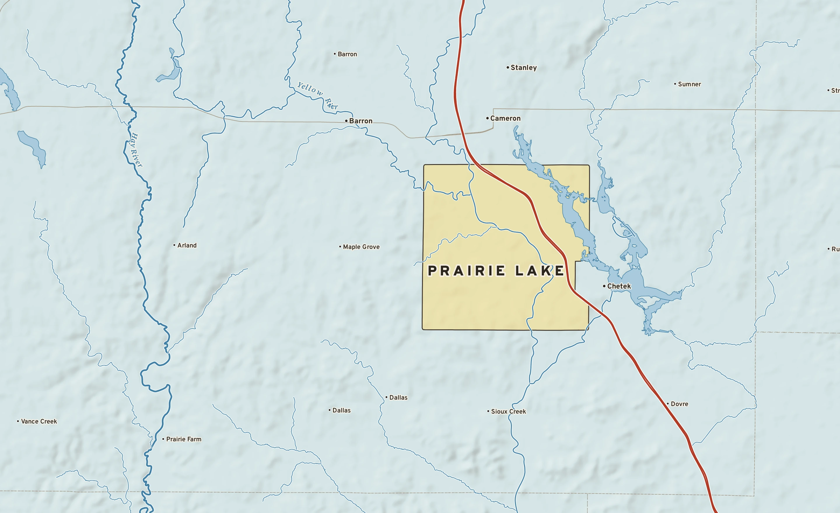 Shaded-relief atlas plate of Prairie Lake, Wisconsin: rivers, roads, the city limits and where the water drains.