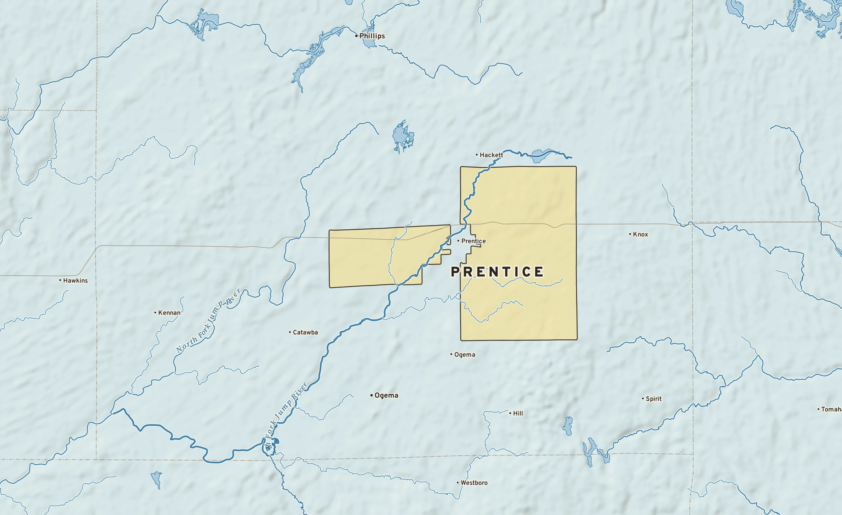 Shaded-relief atlas plate of Prentice, Wisconsin: rivers, roads, the city limits and where the water drains.