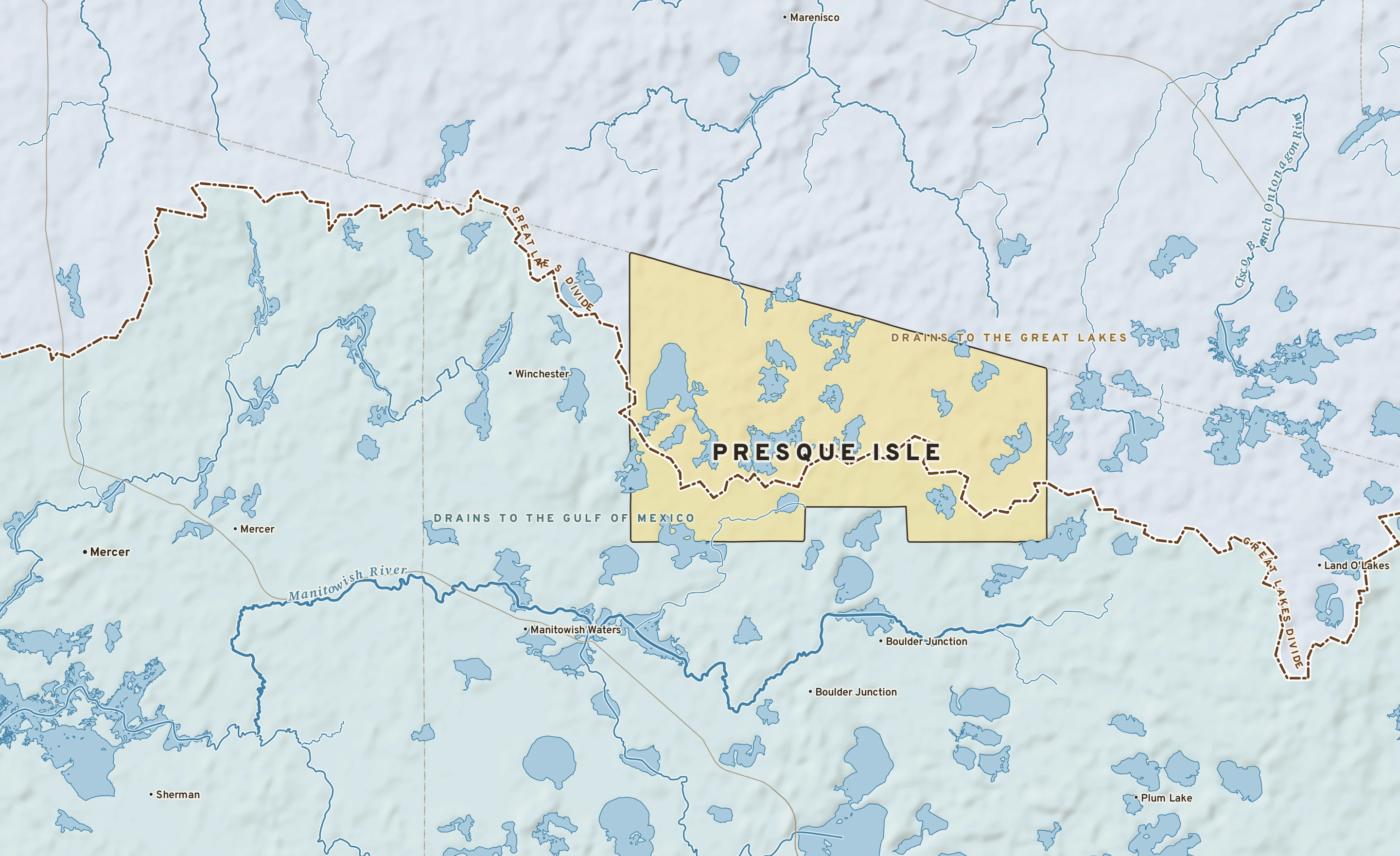 Shaded-relief atlas plate of Presque Isle, Wisconsin: rivers, roads, the city limits and where the water drains.