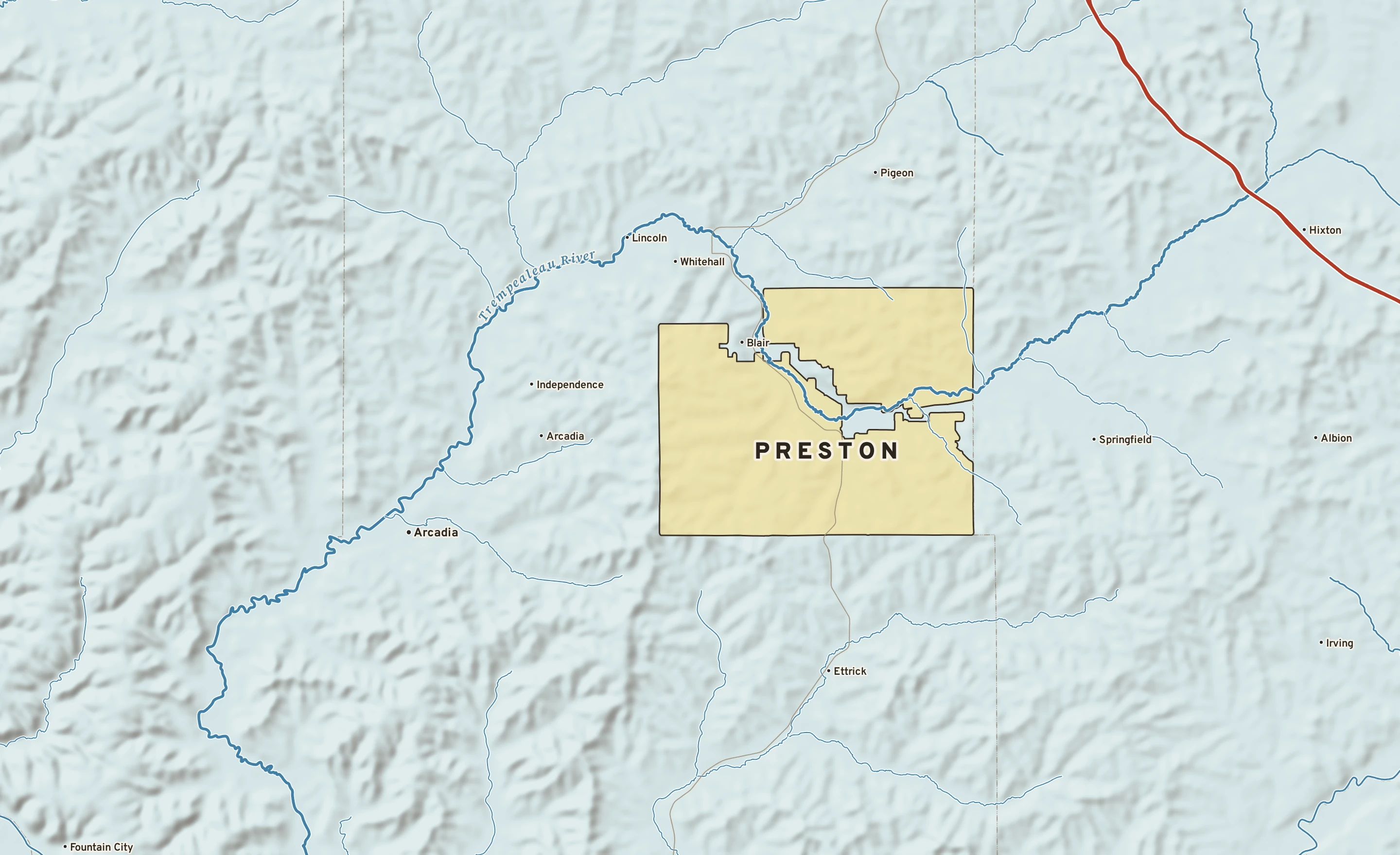 Shaded-relief atlas plate of Preston, Wisconsin: rivers, roads, the city limits and where the water drains.