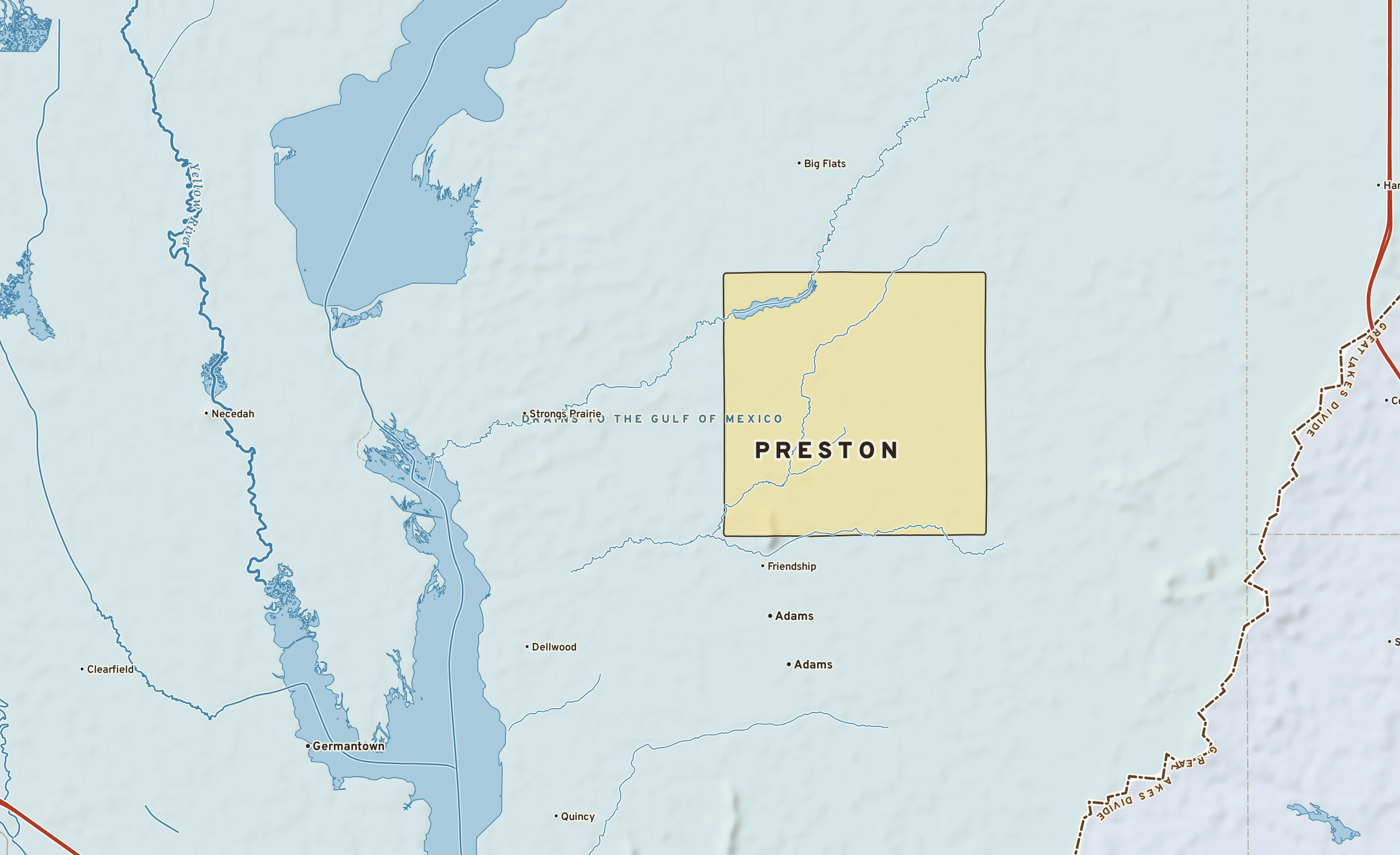 Shaded-relief atlas plate of Preston, Wisconsin: rivers, roads, the city limits and where the water drains.