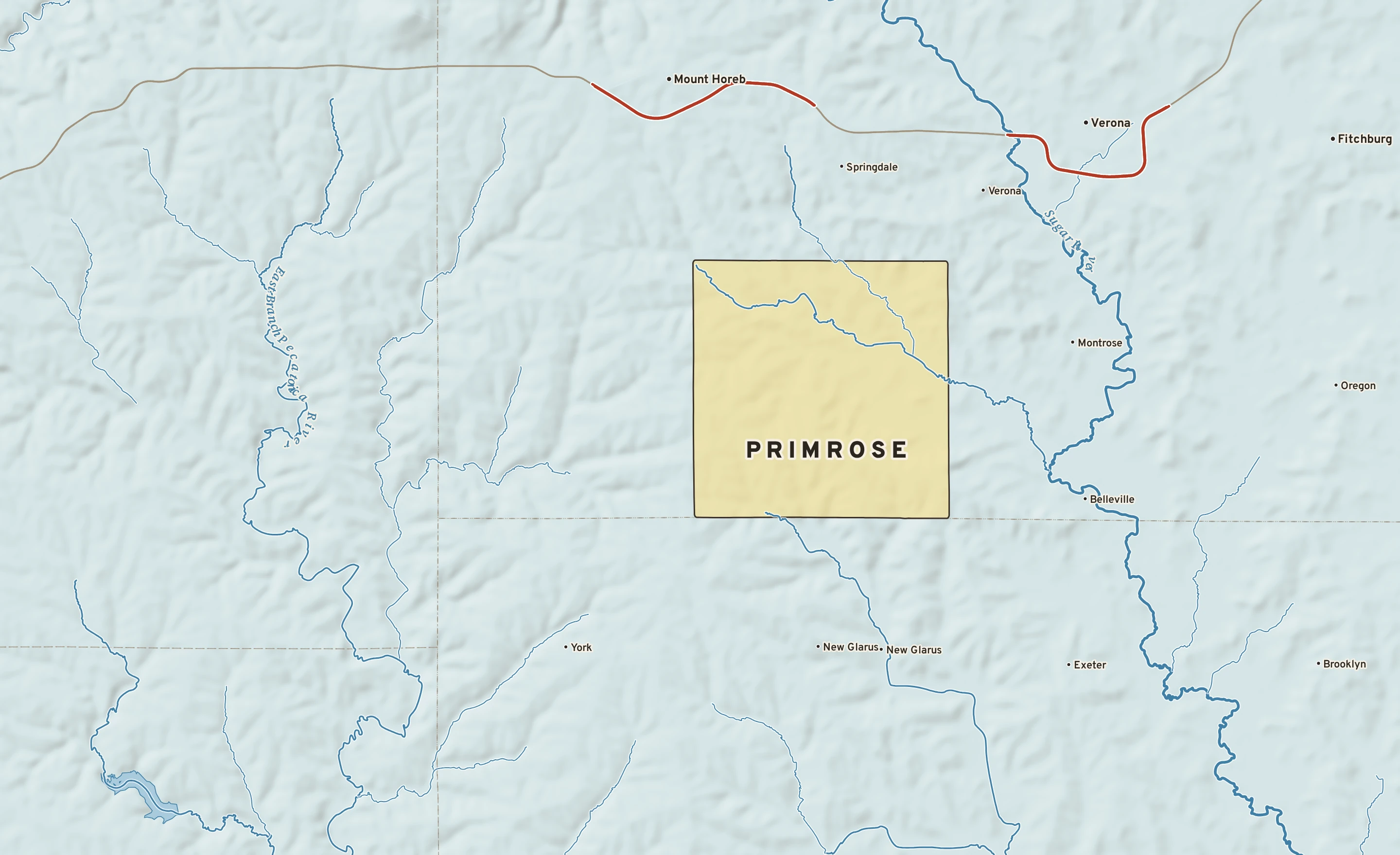 Shaded-relief atlas plate of Primrose, Wisconsin: rivers, roads, the city limits and where the water drains.