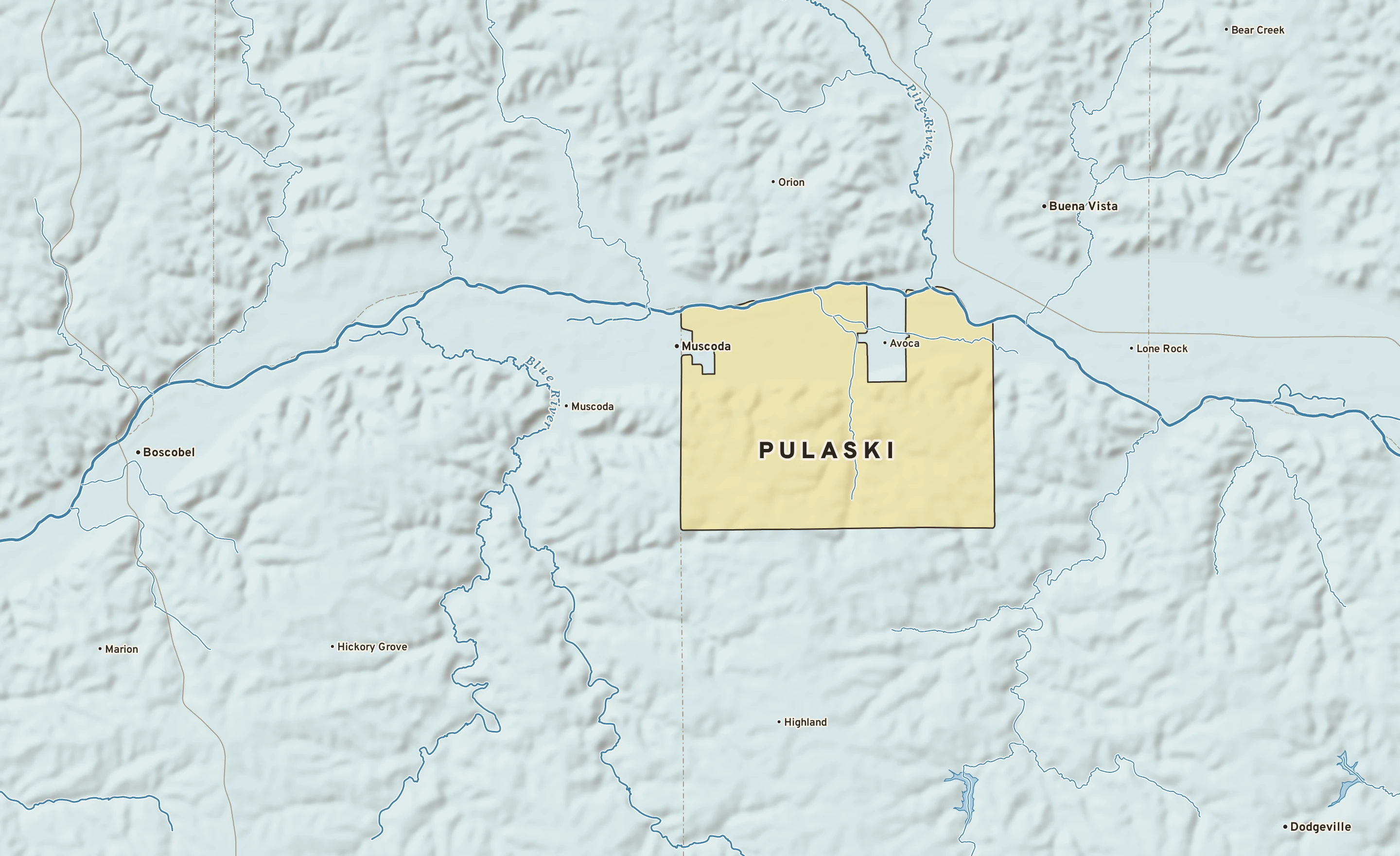 Shaded-relief atlas plate of Pulaski, Wisconsin: rivers, roads, the city limits and where the water drains.