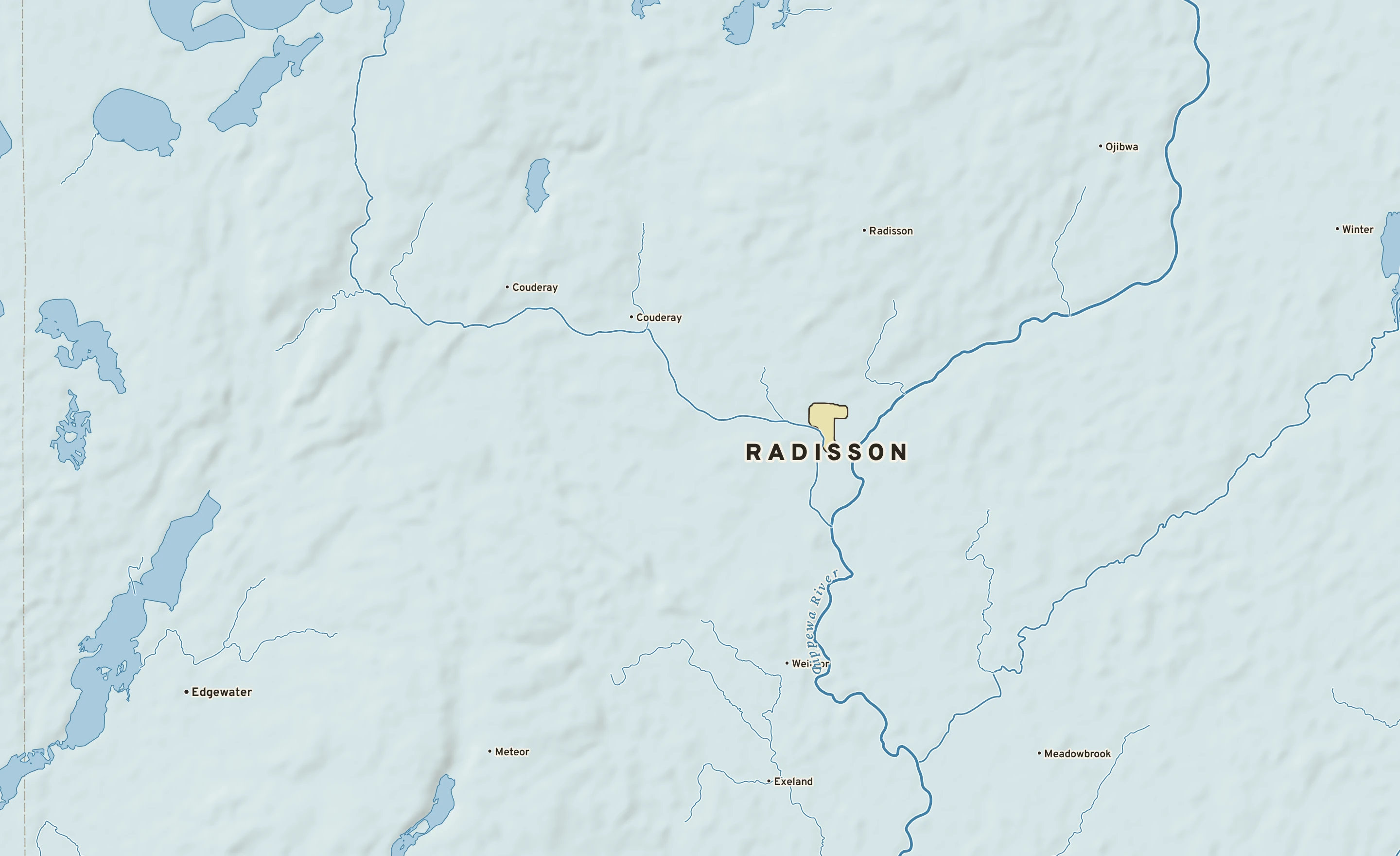 Shaded-relief atlas plate of Radisson, Wisconsin: rivers, roads, the city limits and where the water drains.