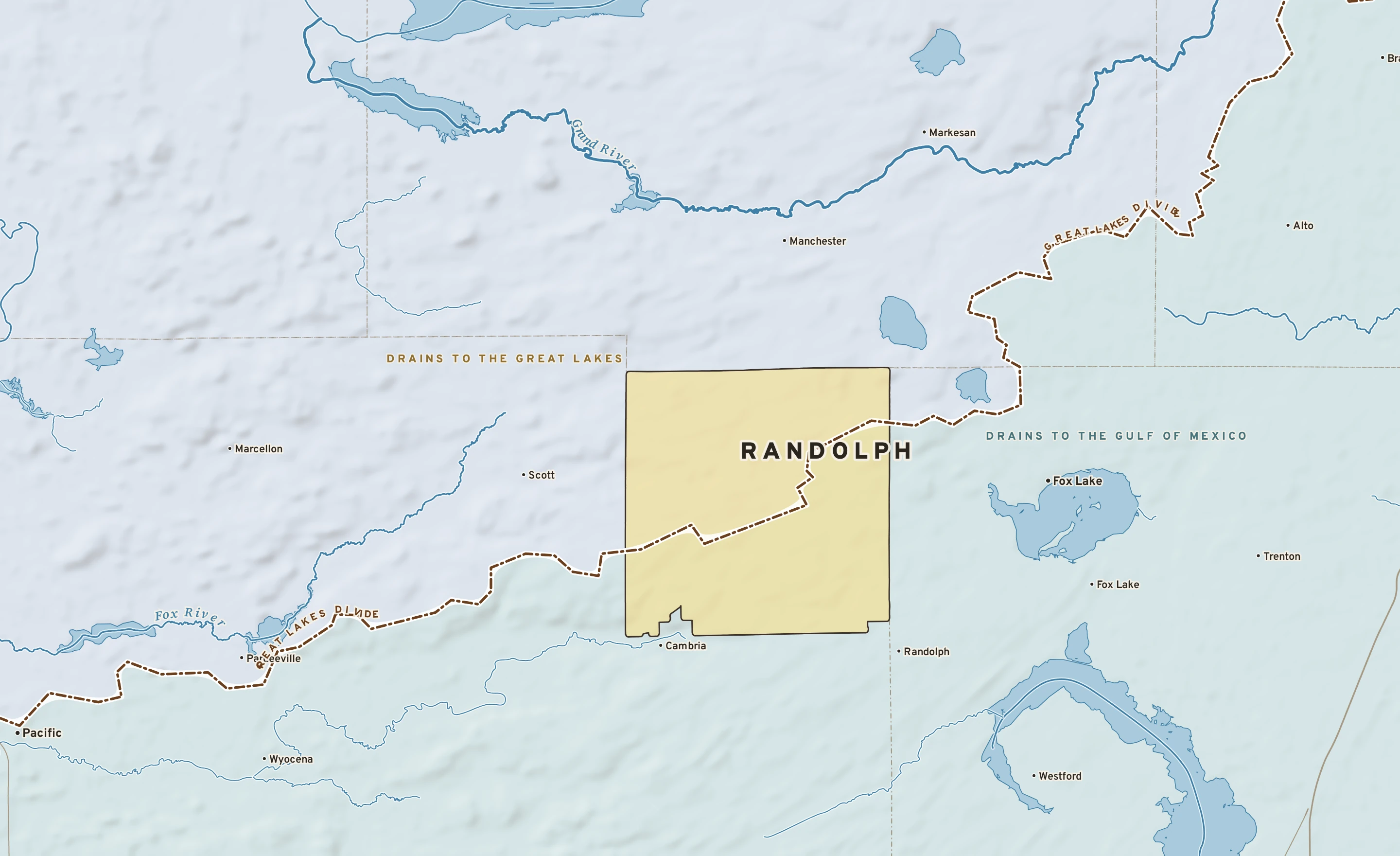 Shaded-relief atlas plate of Randolph, Wisconsin: rivers, roads, the city limits and where the water drains.