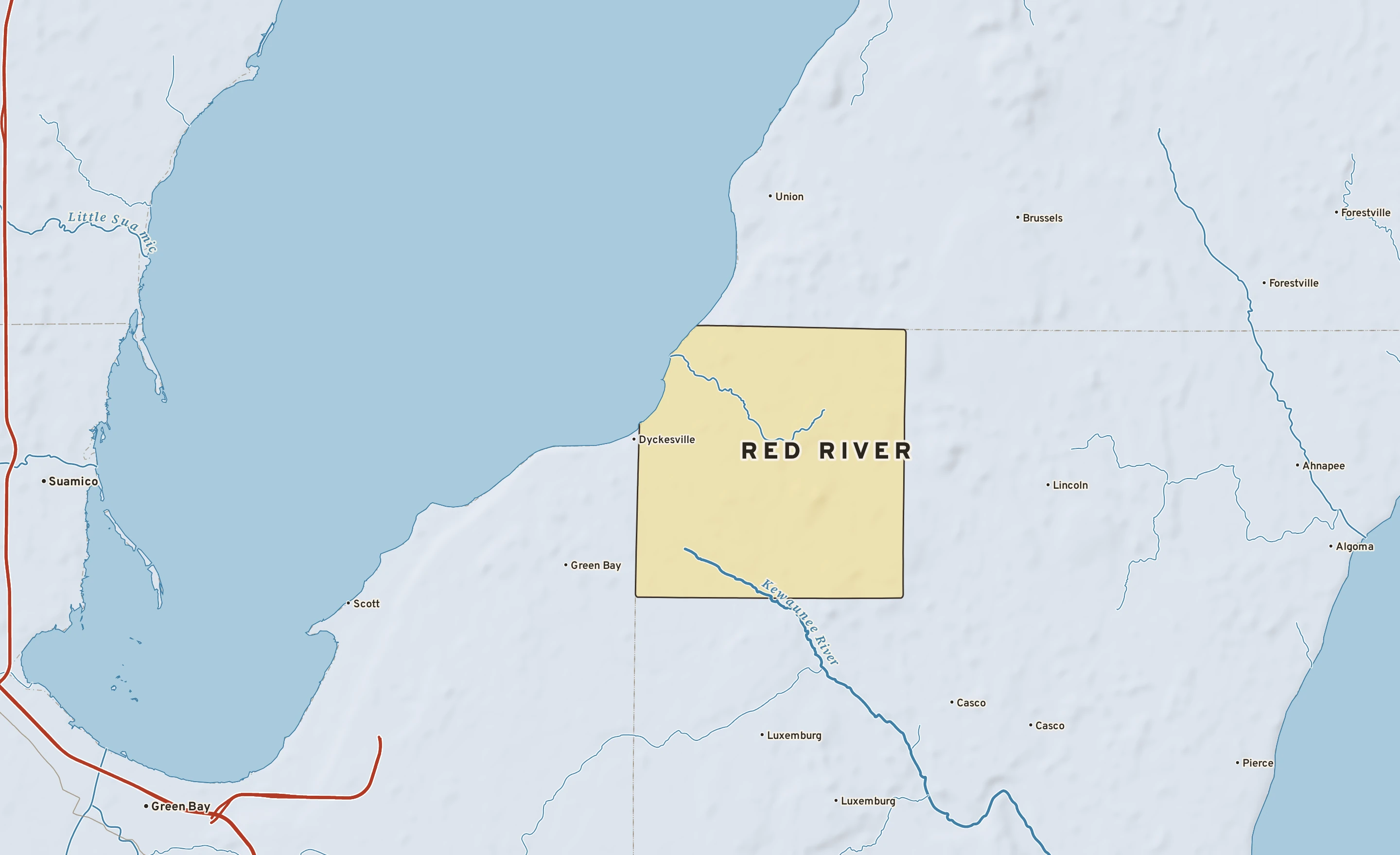 Shaded-relief atlas plate of Red River, Wisconsin: rivers, roads, the city limits and where the water drains.