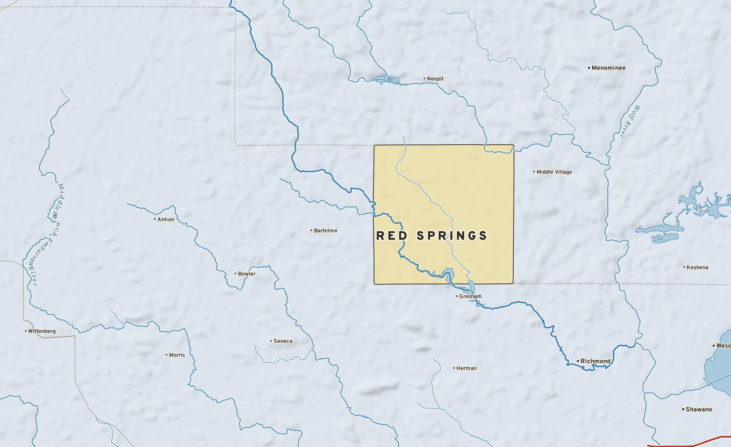 Shaded-relief atlas plate of Red Springs, Wisconsin: rivers, roads, the city limits and where the water drains.